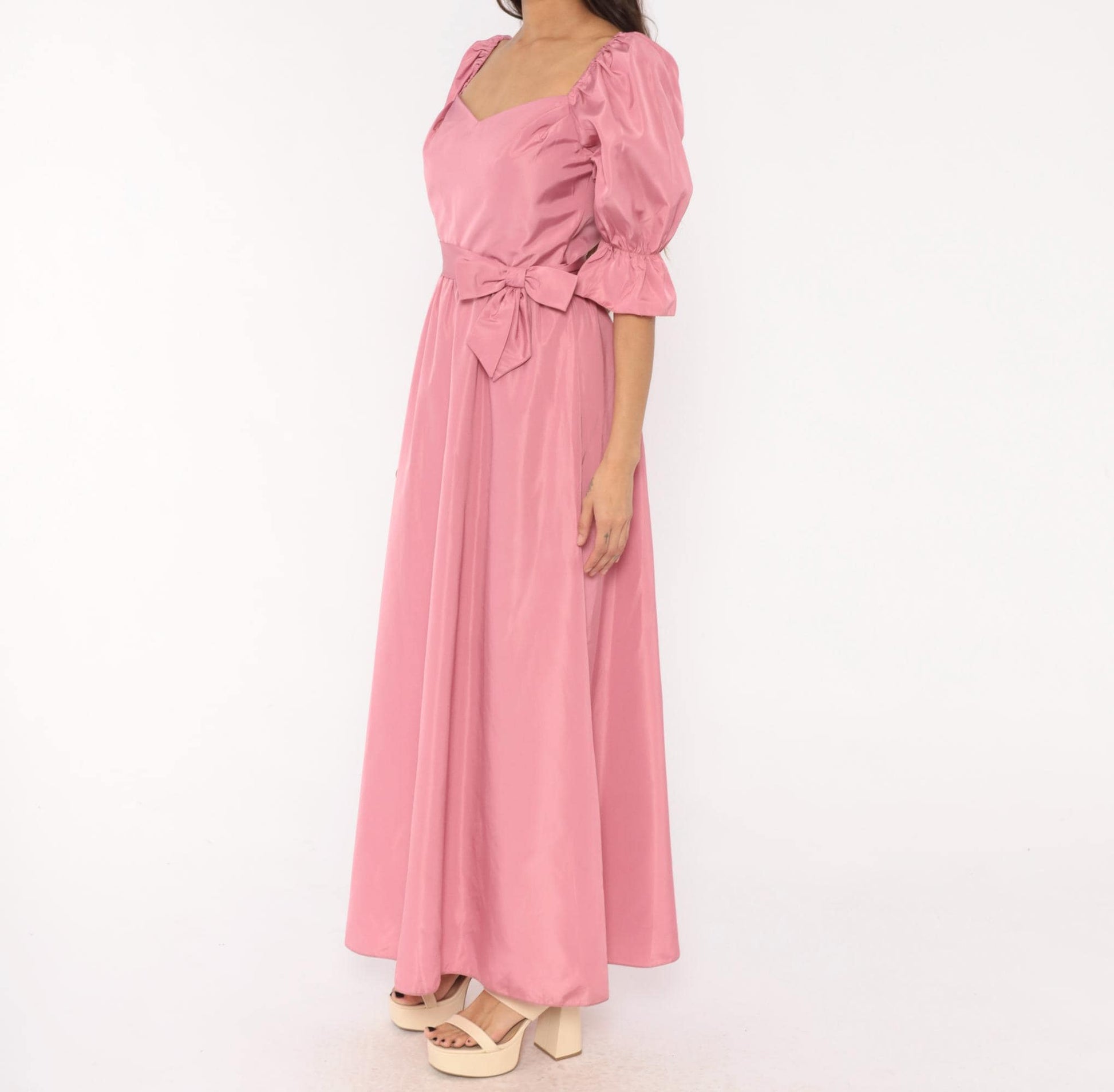 80s Rose Pink Maxi Gown Sweetheart Puff Sleeve Bow Belt Small