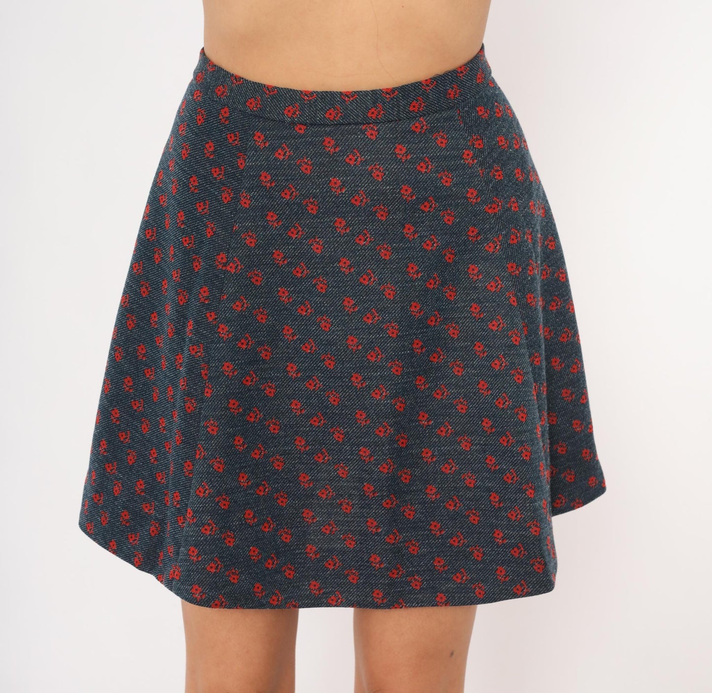 70s Navy Floral Mini Skirt High Waist Circle Flare Red Daisy Print XS