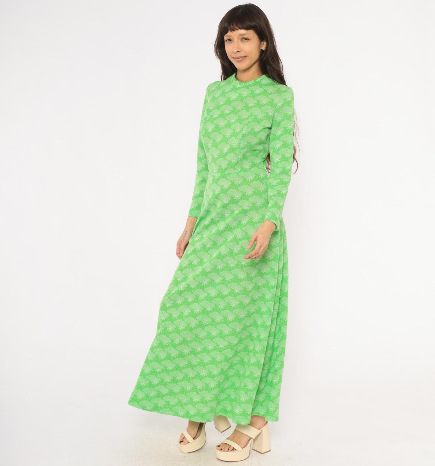 70s Green Maxi Dress Sun Cloud Print Long Sleeve Knit Small