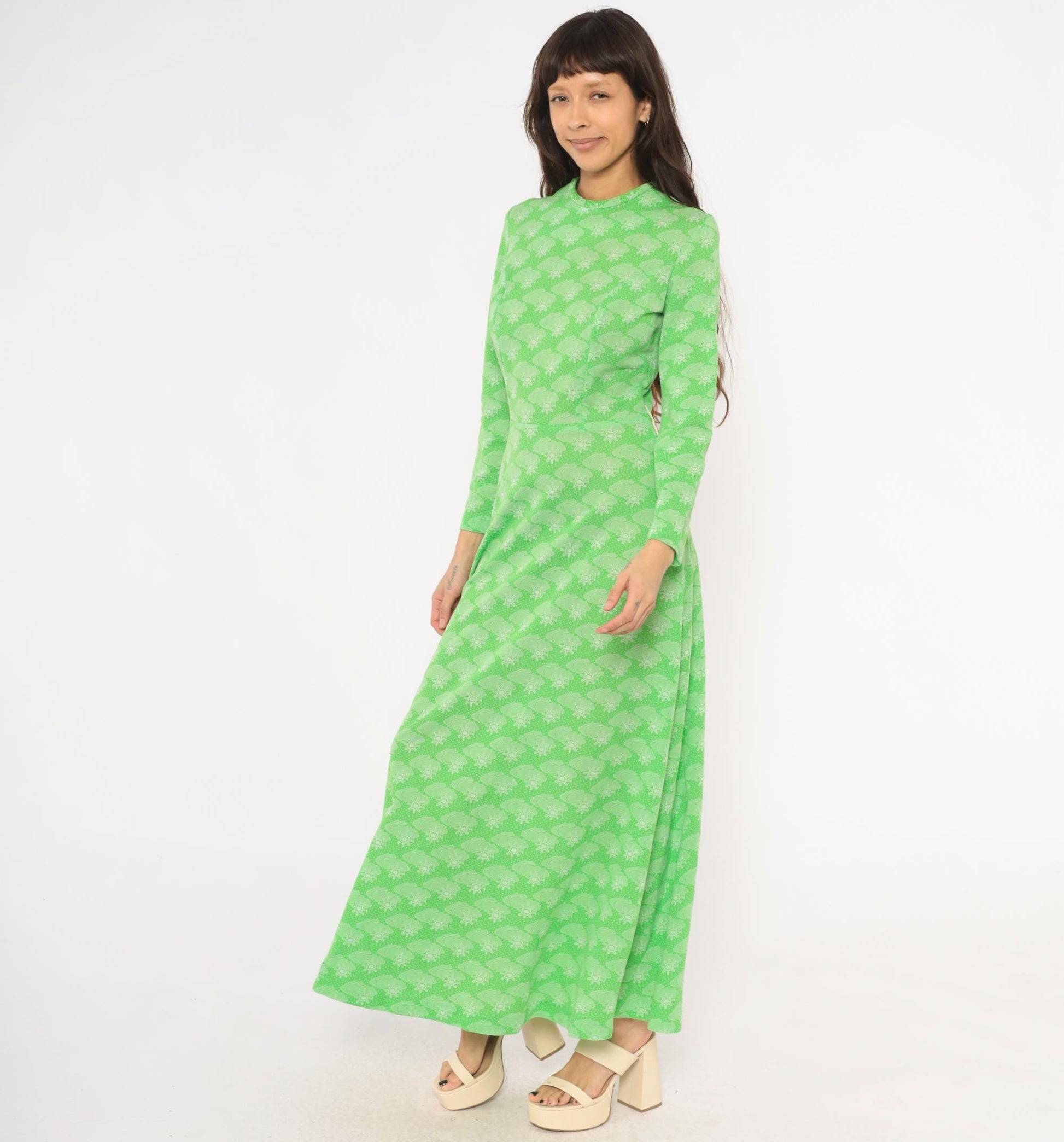 70s Green Maxi Dress Sun Cloud Print Long Sleeve Knit Small
