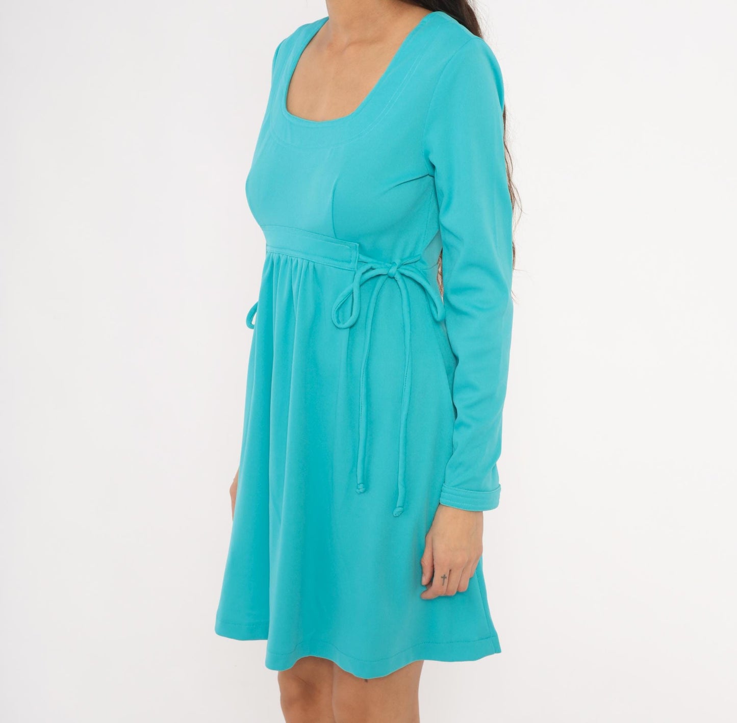 70s Aqua Babydoll Mini Dress Empire Waist Tie Side Long Sleeve Medium M