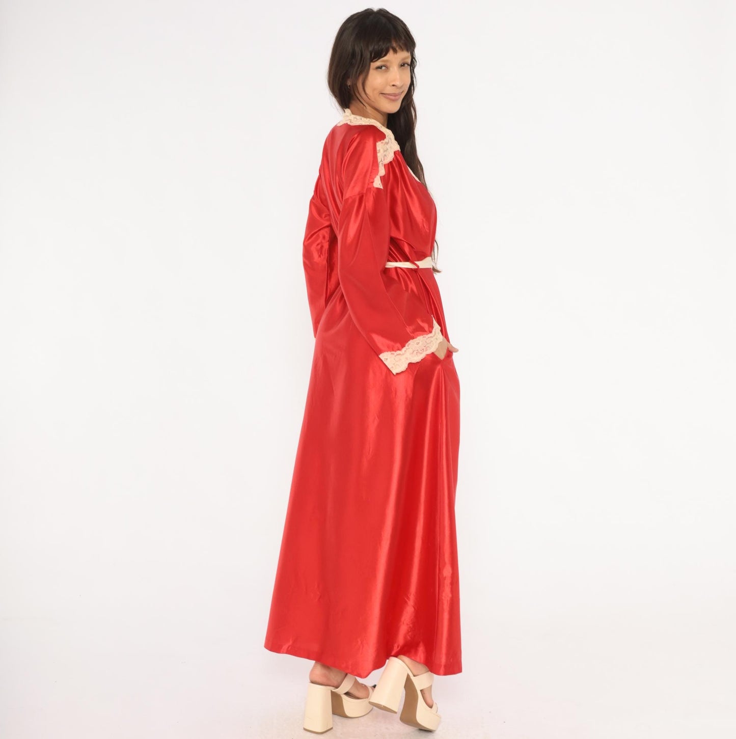 70s Tom Bezduda Barad Red Satin Robe Lace Trim Maxi Tie Front Medium