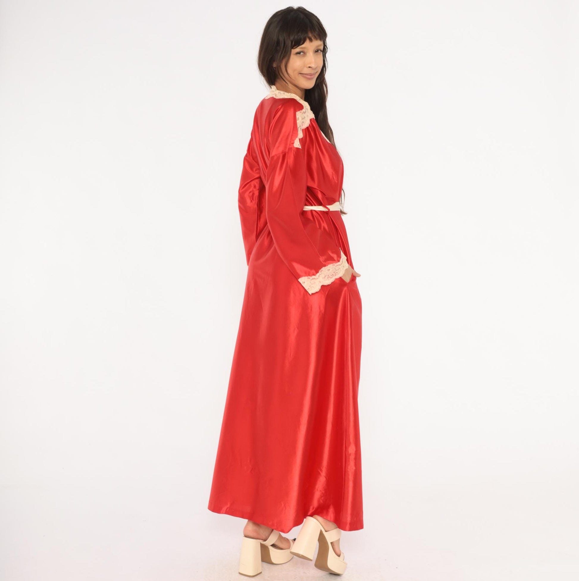 70s Tom Bezduda Barad Red Satin Robe Lace Trim Maxi Tie Front Medium