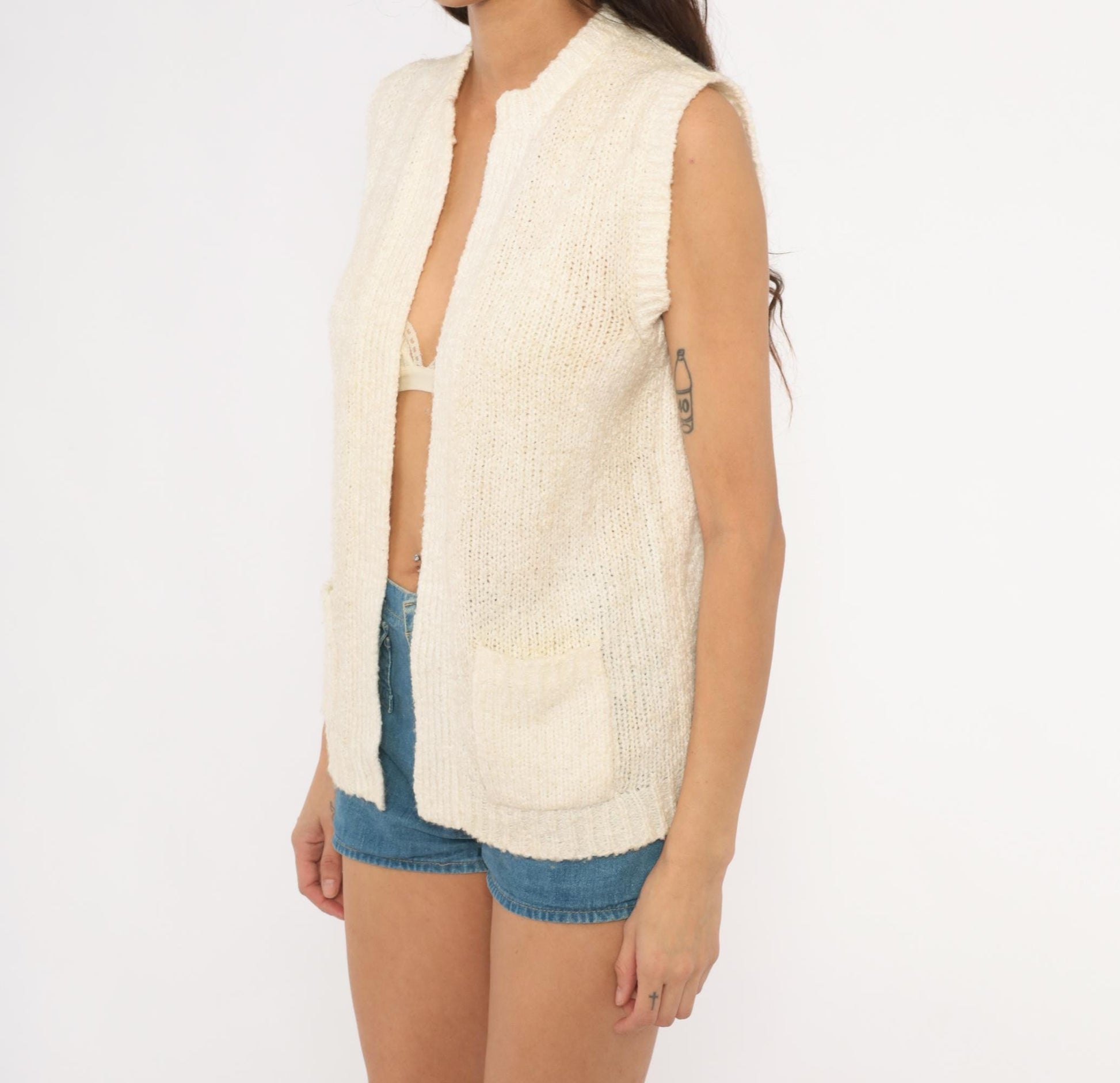 80s Moneta Cream Knit Sweater Vest Patch Pocket Cardigan Small