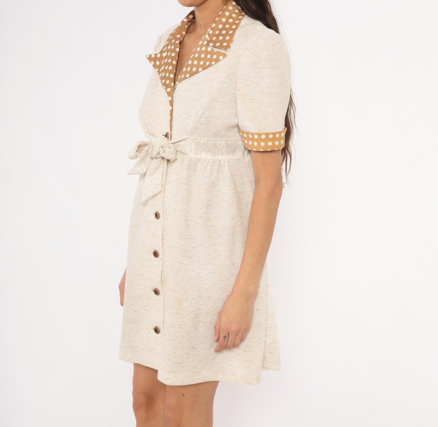 70s Cream Polka Dot Collar Shirtdress Puff Sleeve Tie Waist Knee-Length Medium M