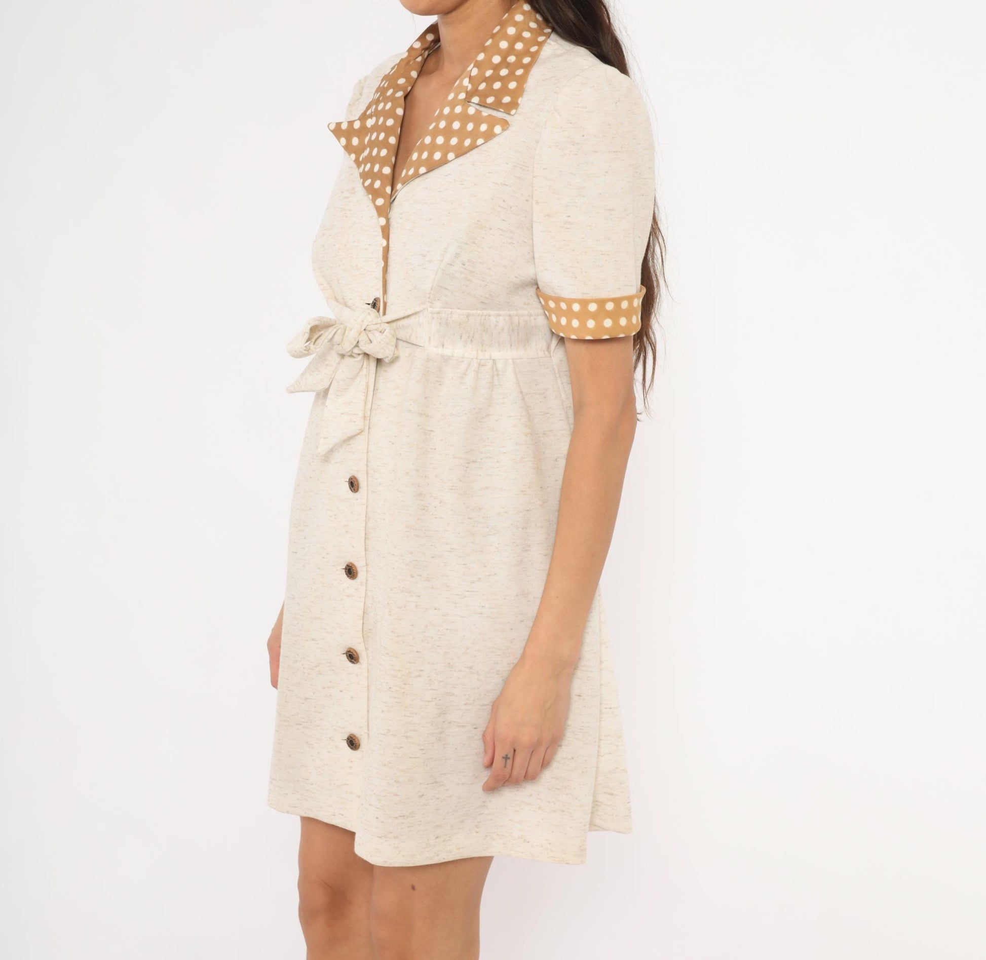 70s Cream Polka Dot Collar Shirtdress Puff Sleeve Tie Waist Knee-Length Medium M