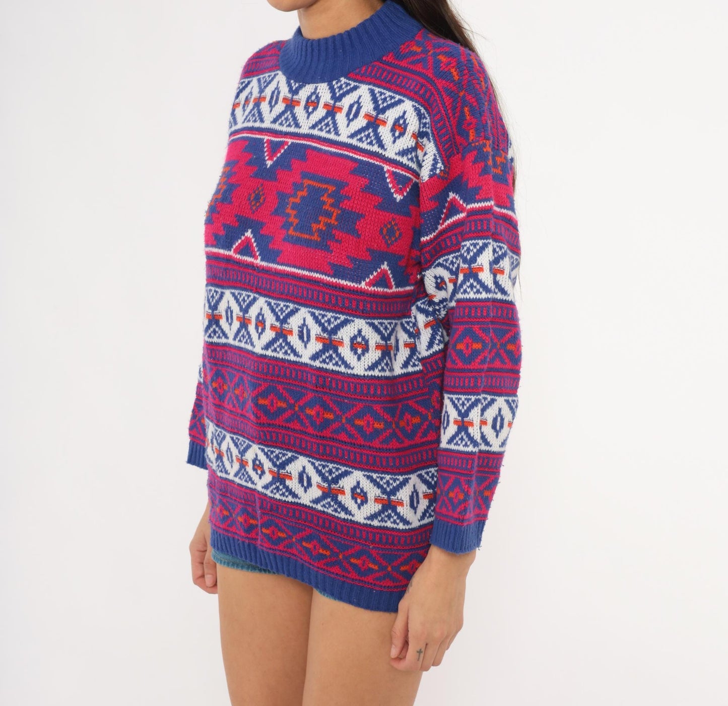 90s Croquet Southwestern Geometric Knit Pullover Navy Blue Pink Medium M