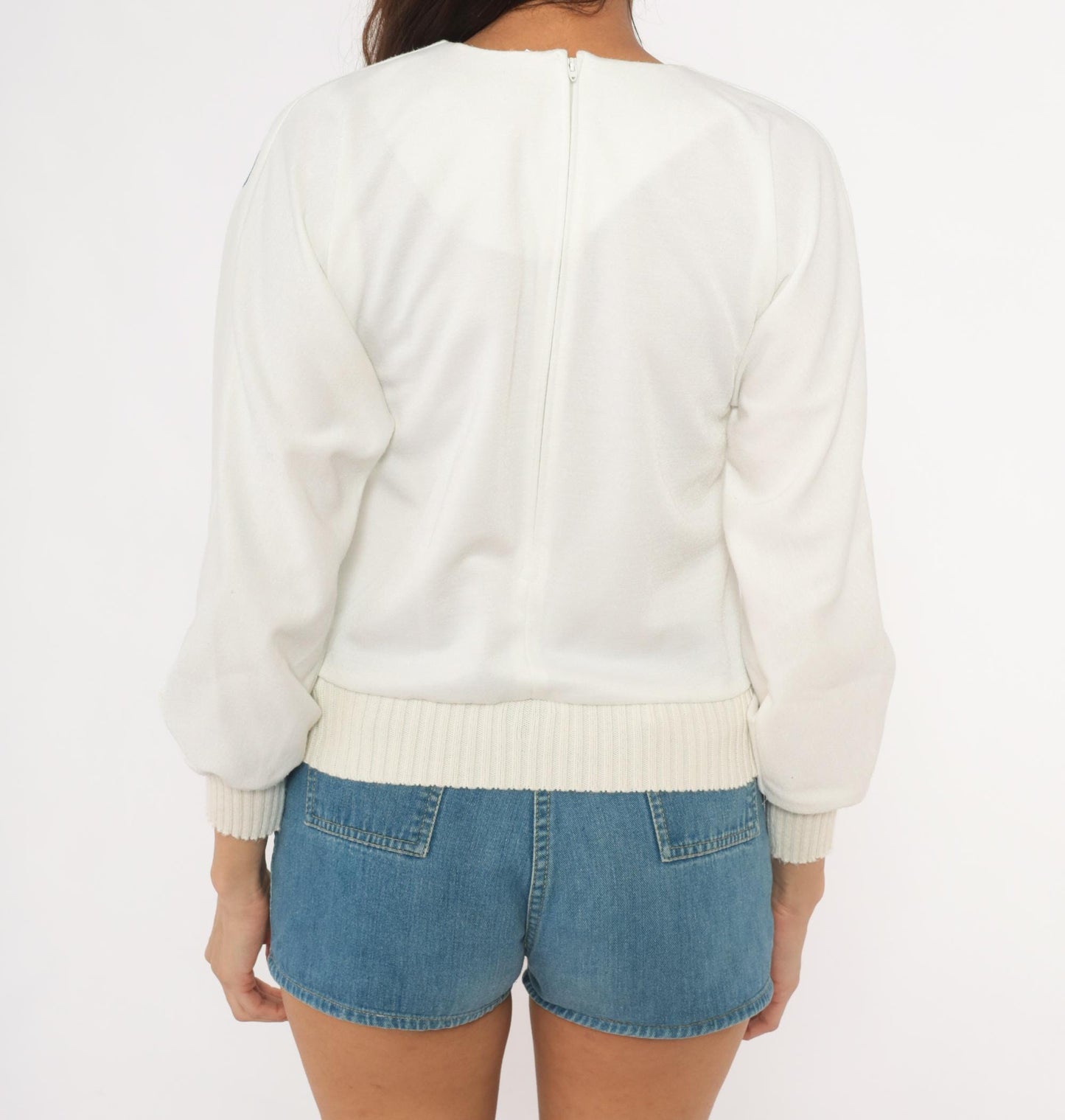 80s Leslie Fay White Cobalt Appliqué Sweatshirt Cropped Balloon Sleeve Extra Small XS