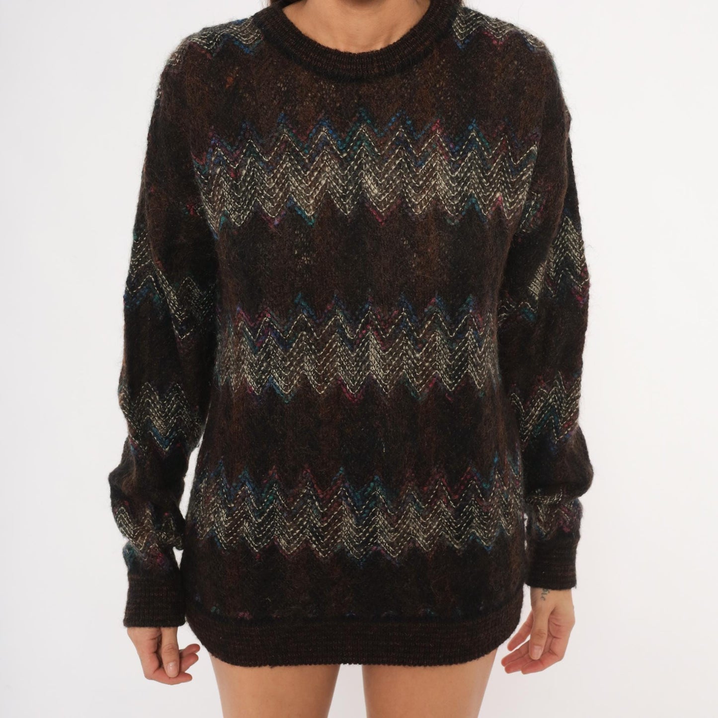 80s Croft & Barrow Chevron Zigzag Wool Pullover Dark Brown Small