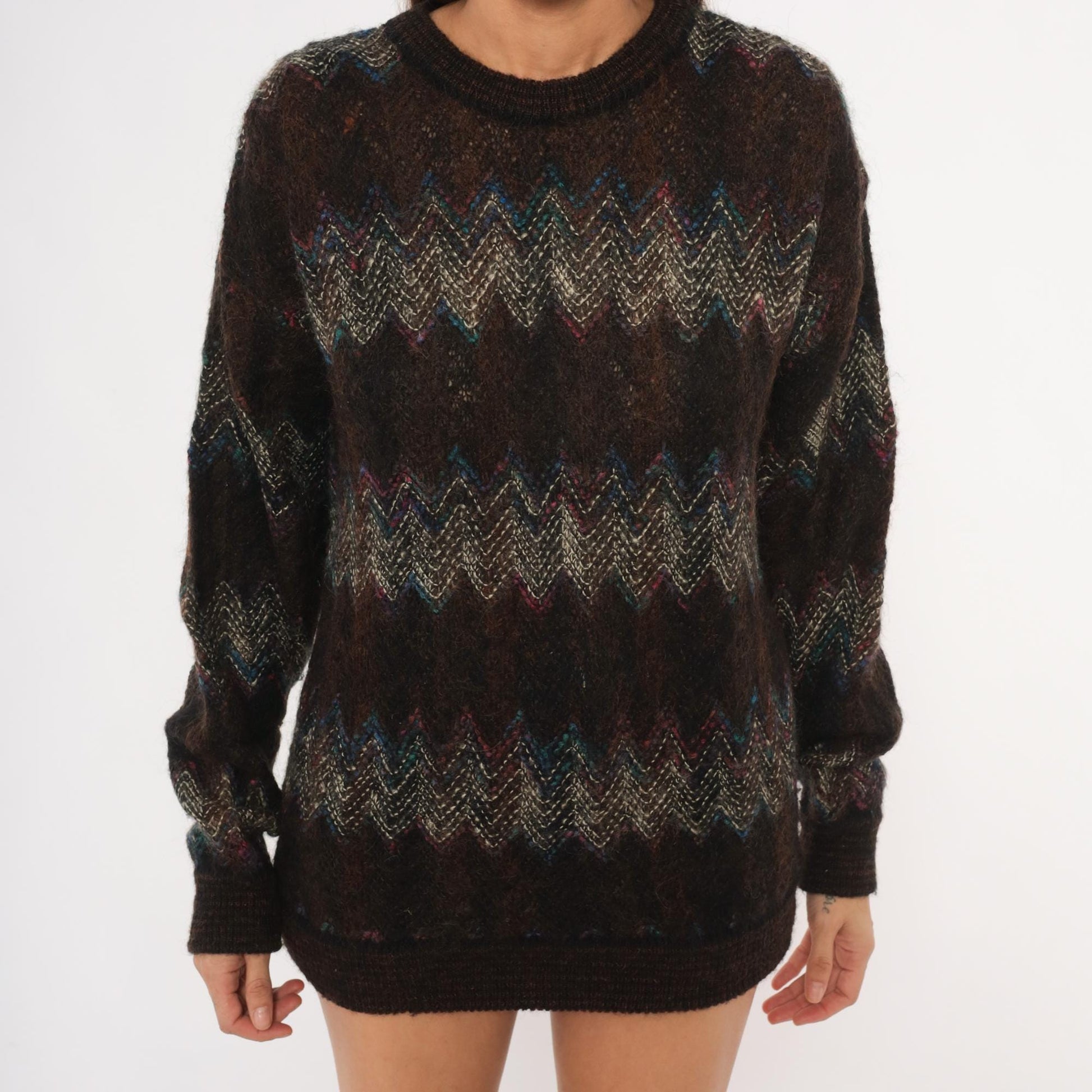 80s Croft & Barrow Chevron Zigzag Wool Pullover Dark Brown Small
