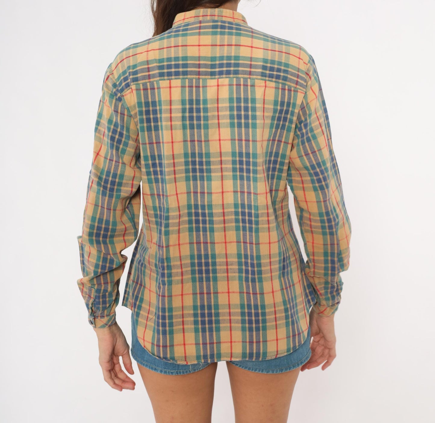 80s Hot Line Mervyns Plaid Henley Shirt Tan Navy Teal Red Cotton Small