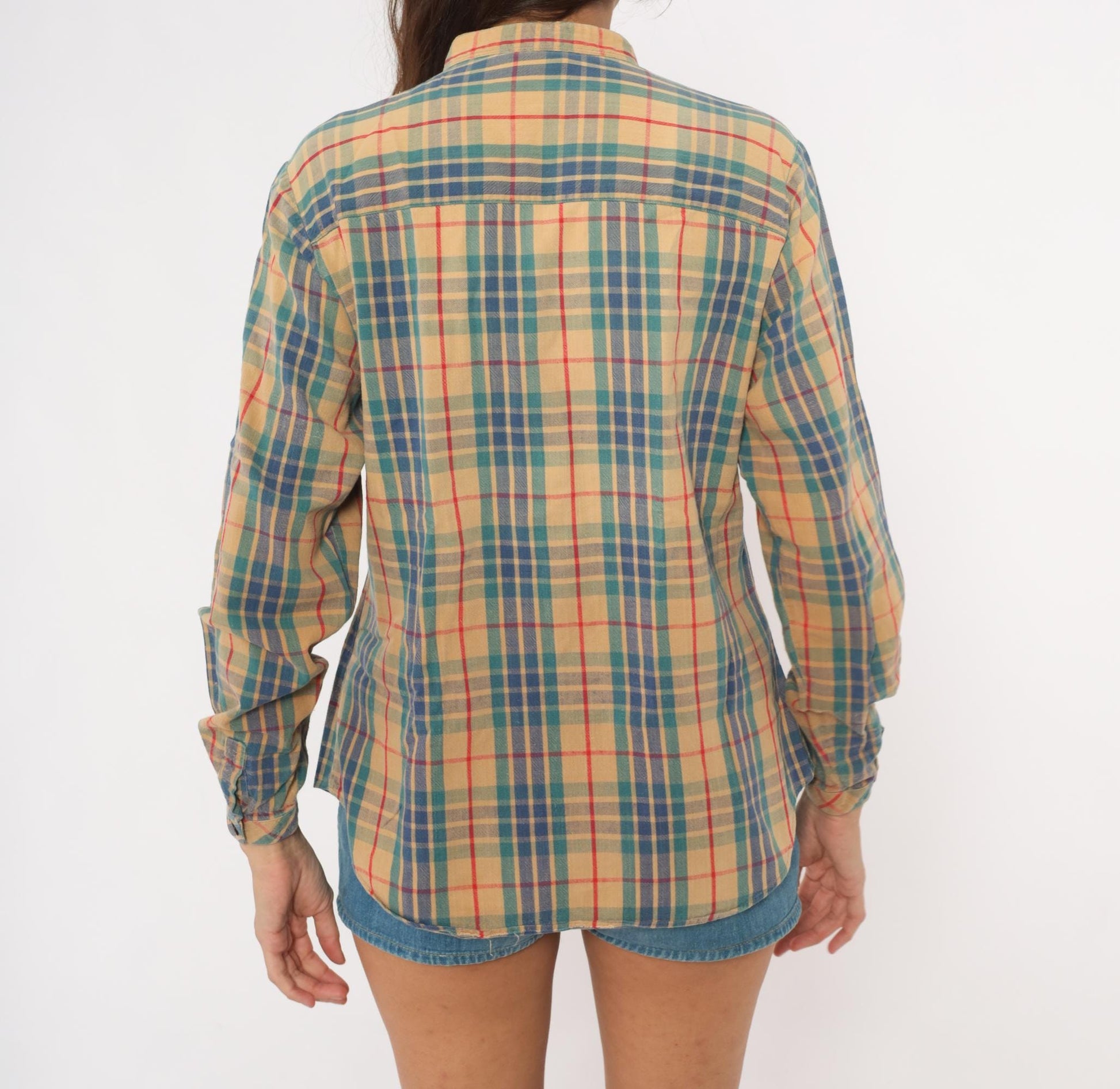 80s Hot Line Mervyns Plaid Henley Shirt Tan Navy Teal Red Cotton Small