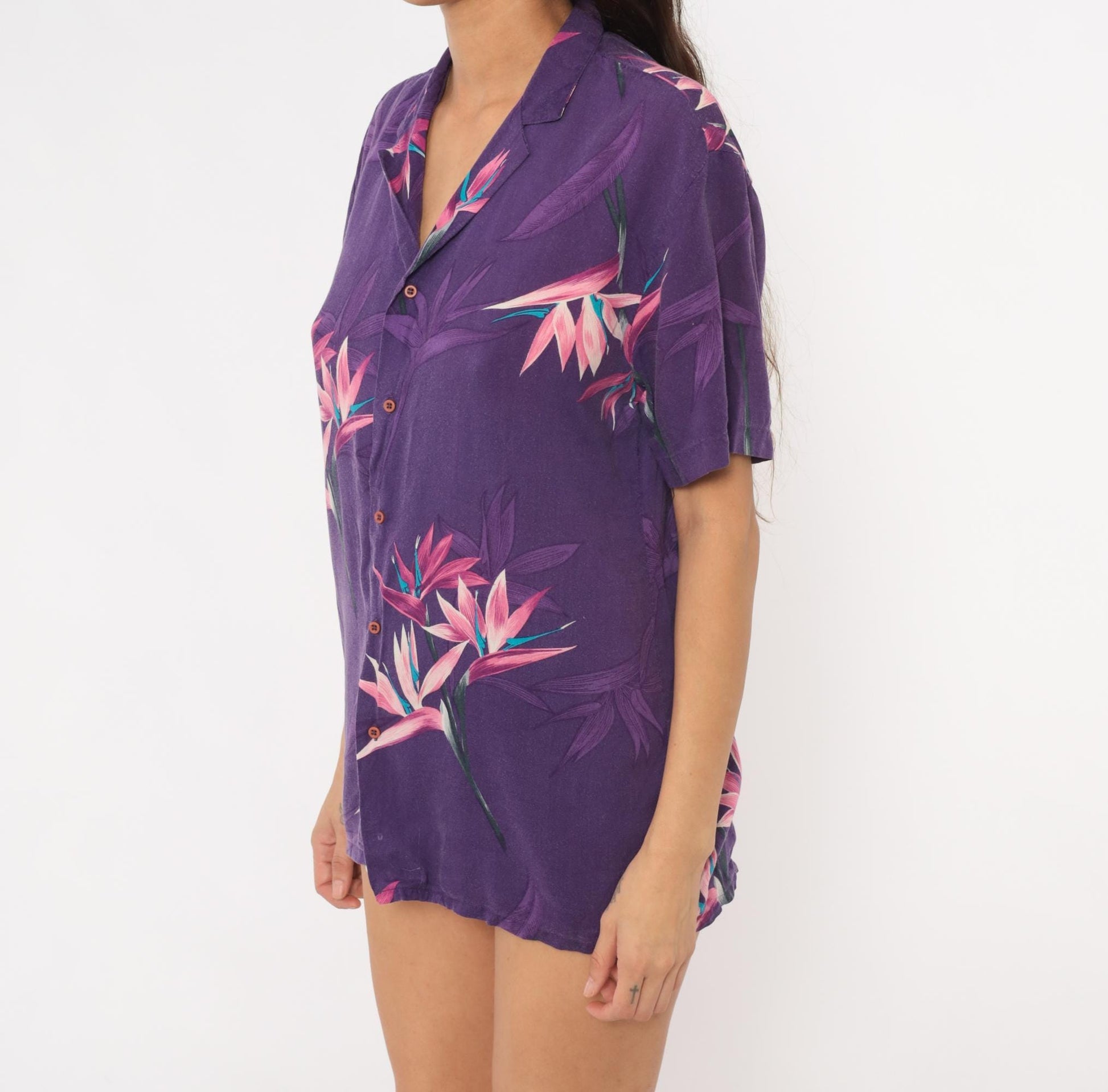 90s Hutspah Purple Hawaiian Shirt Bird Of Paradise Floral Camp Collar Medium M