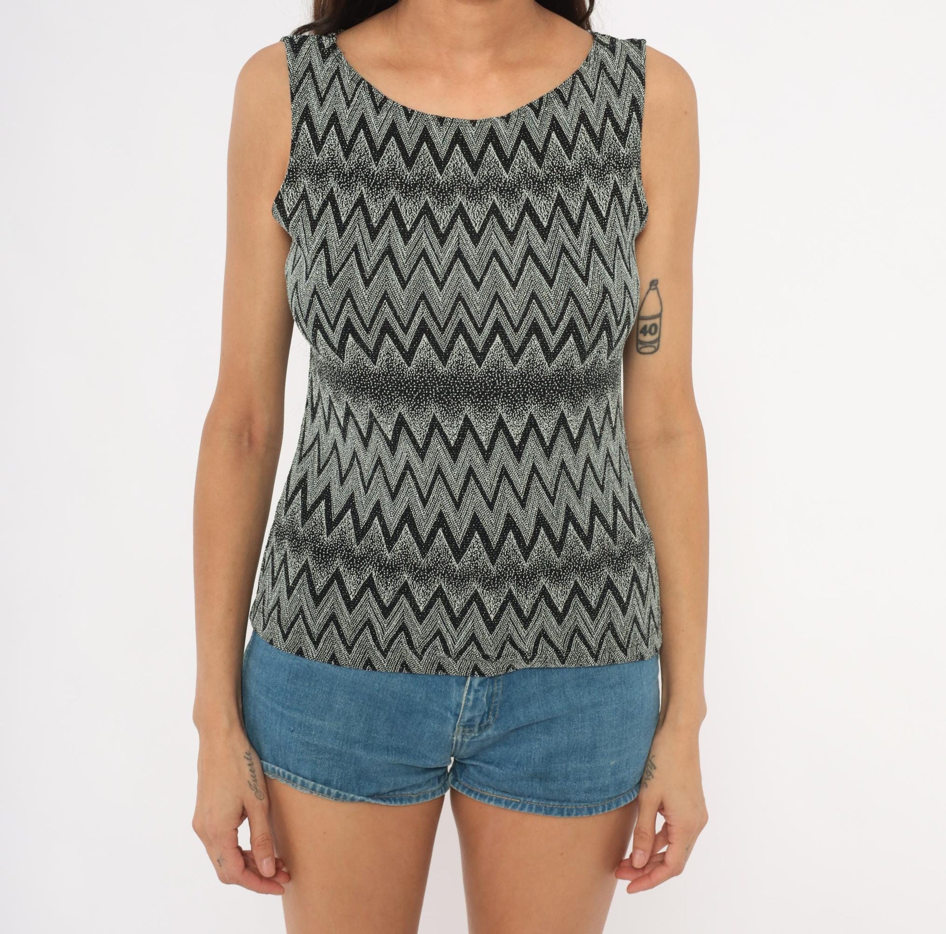 90s Black Grey Chevron Zigzag Metallic Knit Tank Medium M