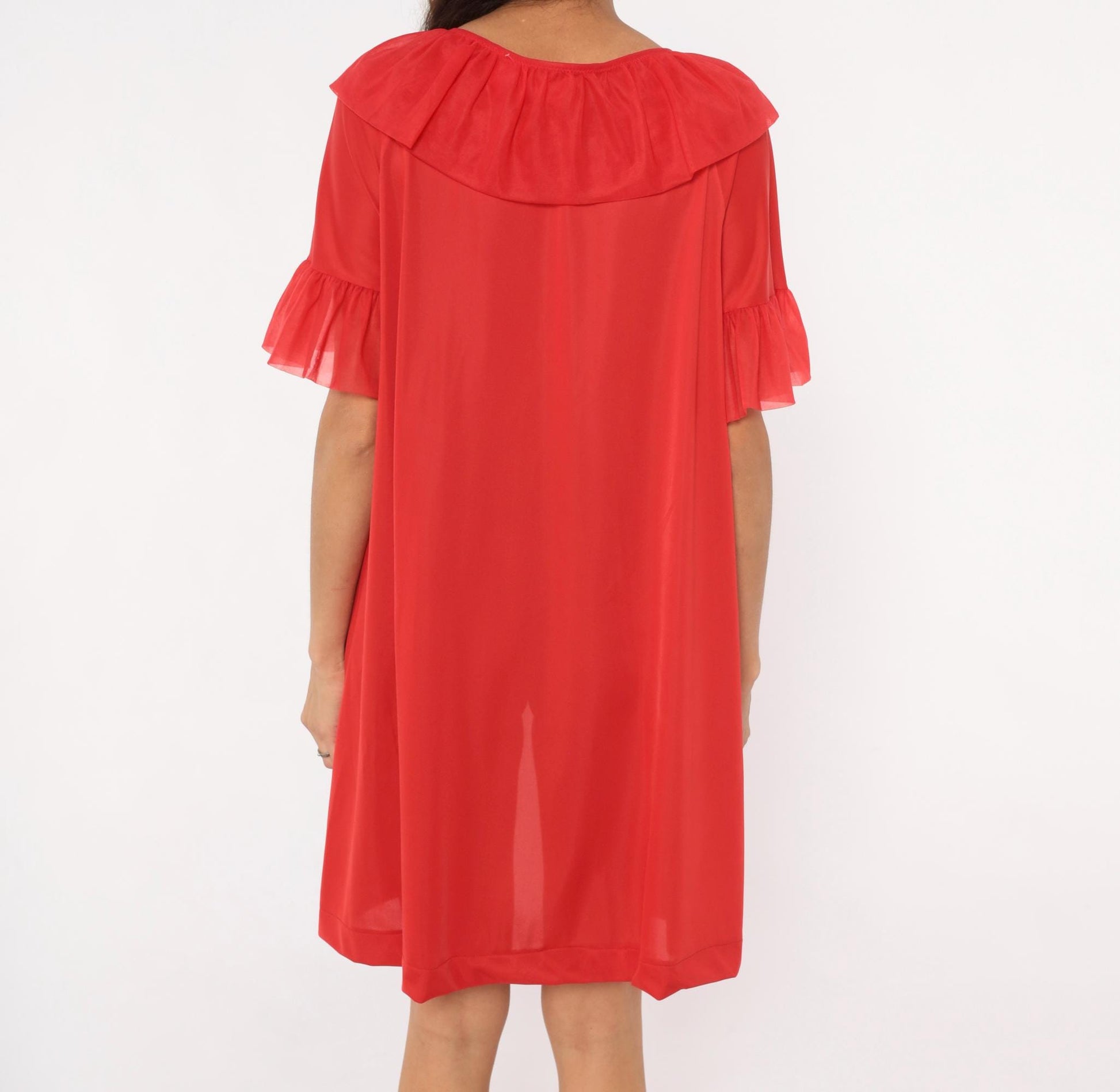 70s Le Voys Red Peignoir Robe Sheer Ruffle Collar Flutter Sleeve Medium