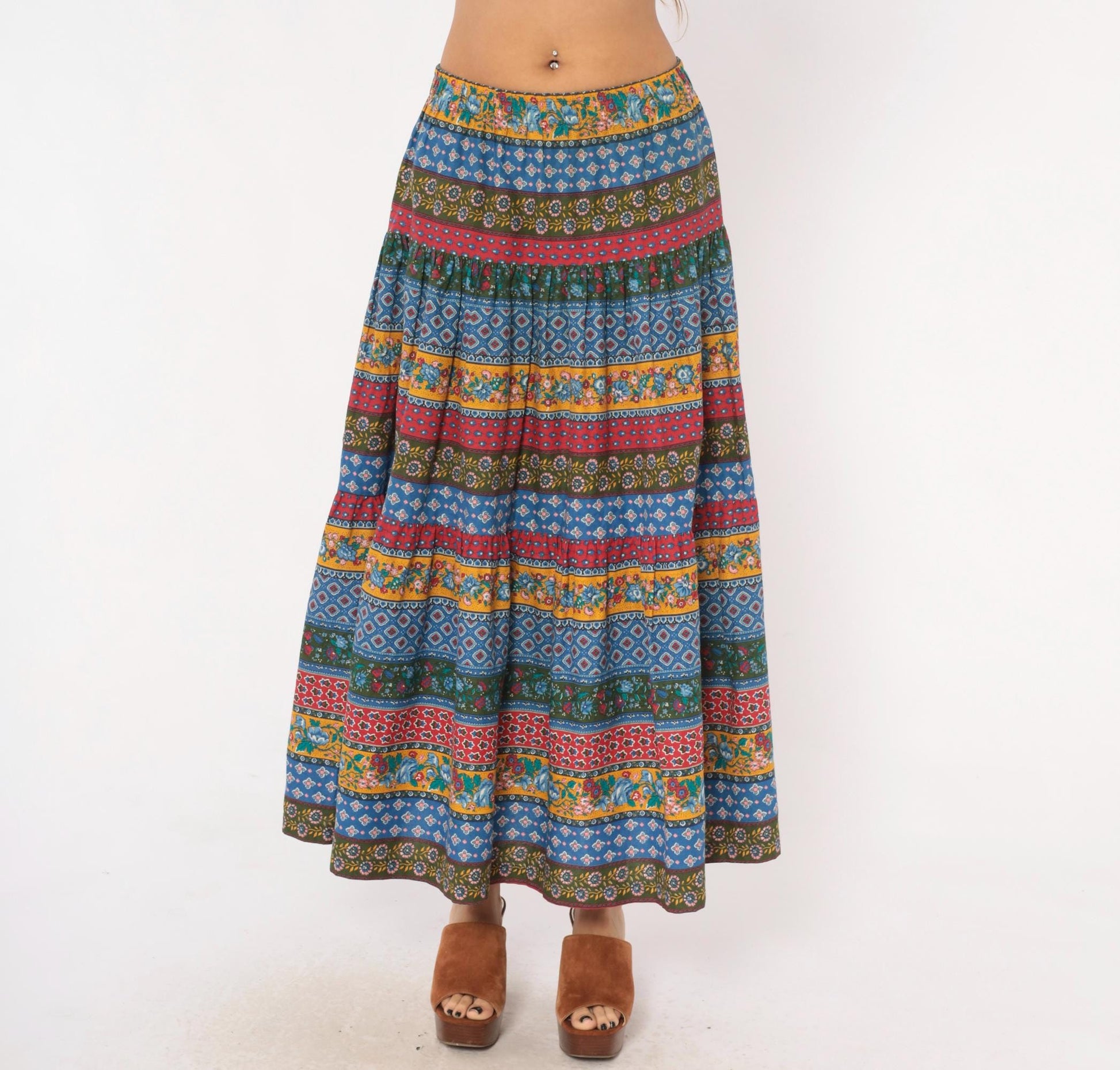 80s Anne Marie Patchwork Tiered Maxi Skirt Floral Striped Cotton Medium M