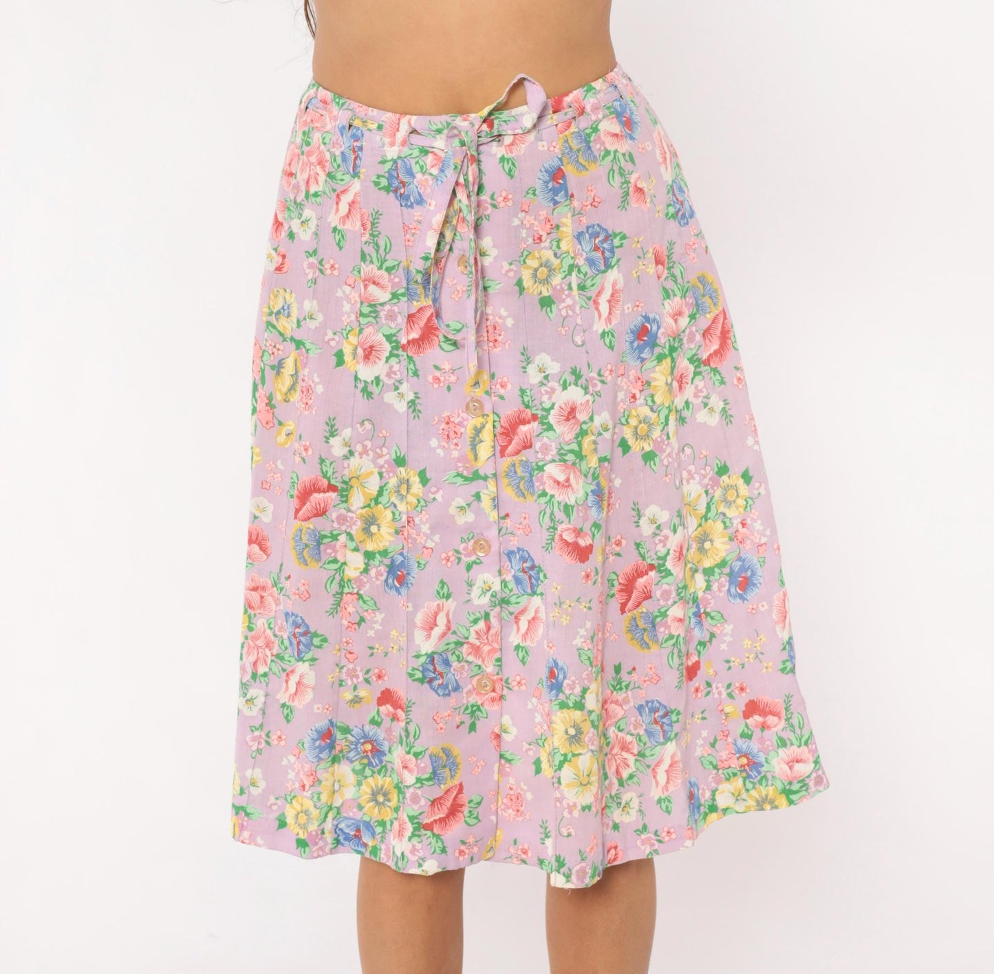 80s Lilac Floral Pleated Skirt Button Front Knee Length Cotton Small