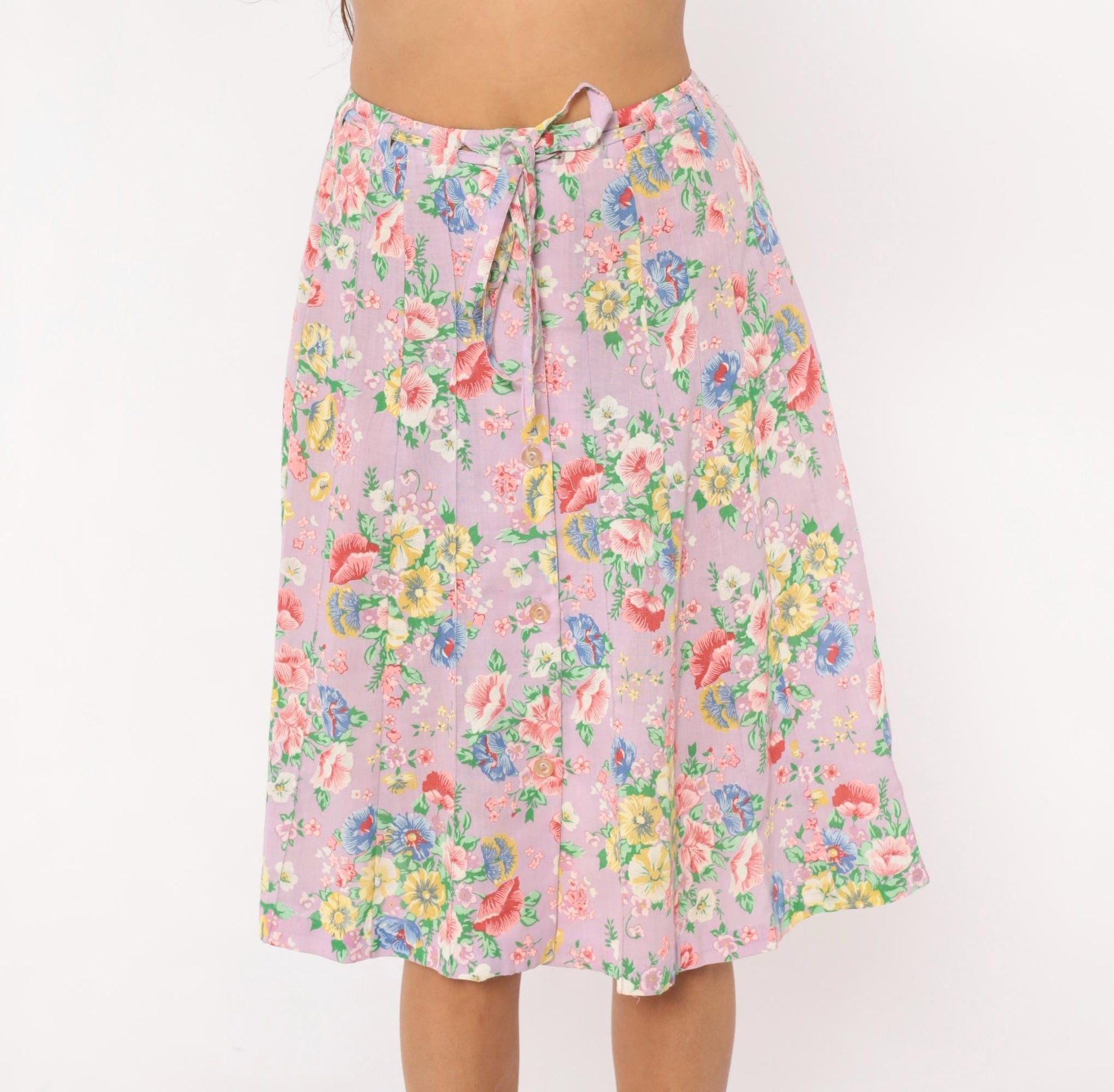 80s Lilac Floral Pleated Skirt Button Front Knee Length Cotton Small