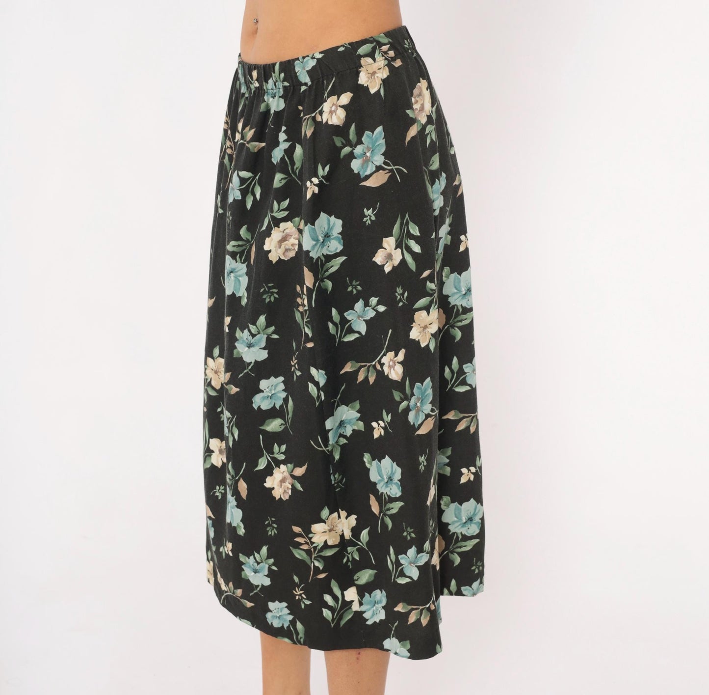 80s Blair Floral Midi Skirt Black Botanical Print Sage Green Medium