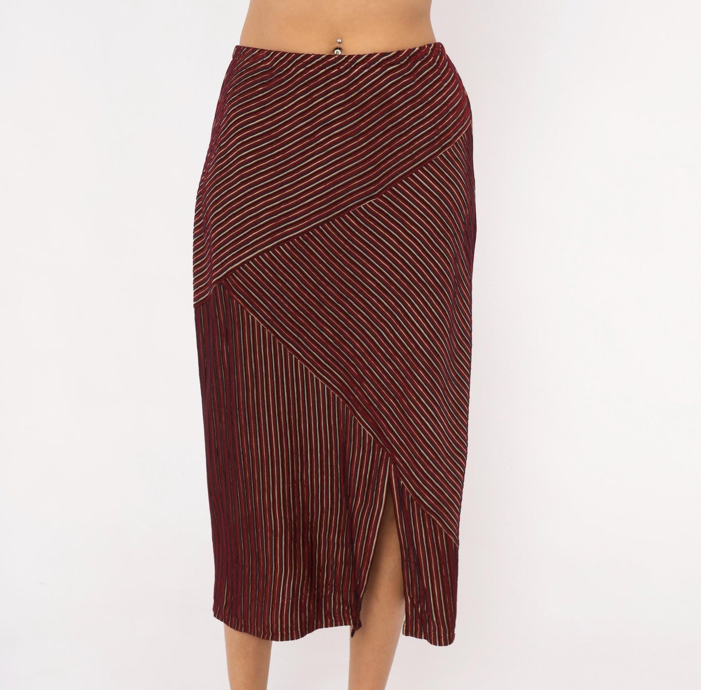 80s Gail Morgado Burgundy Pinstripe Midi Skirt Chevron Panel Small