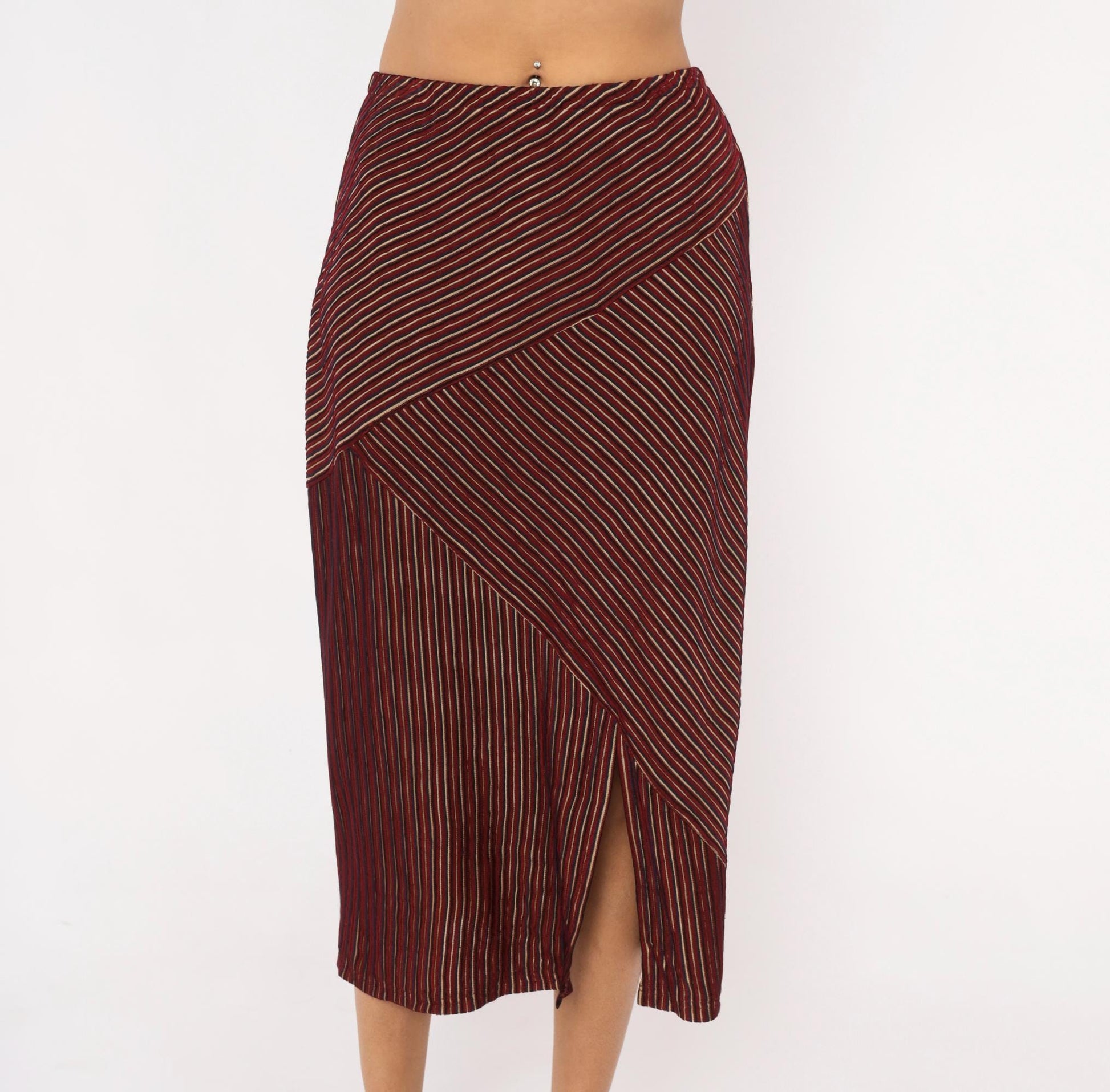 80s Gail Morgado Burgundy Pinstripe Midi Skirt Chevron Panel Small