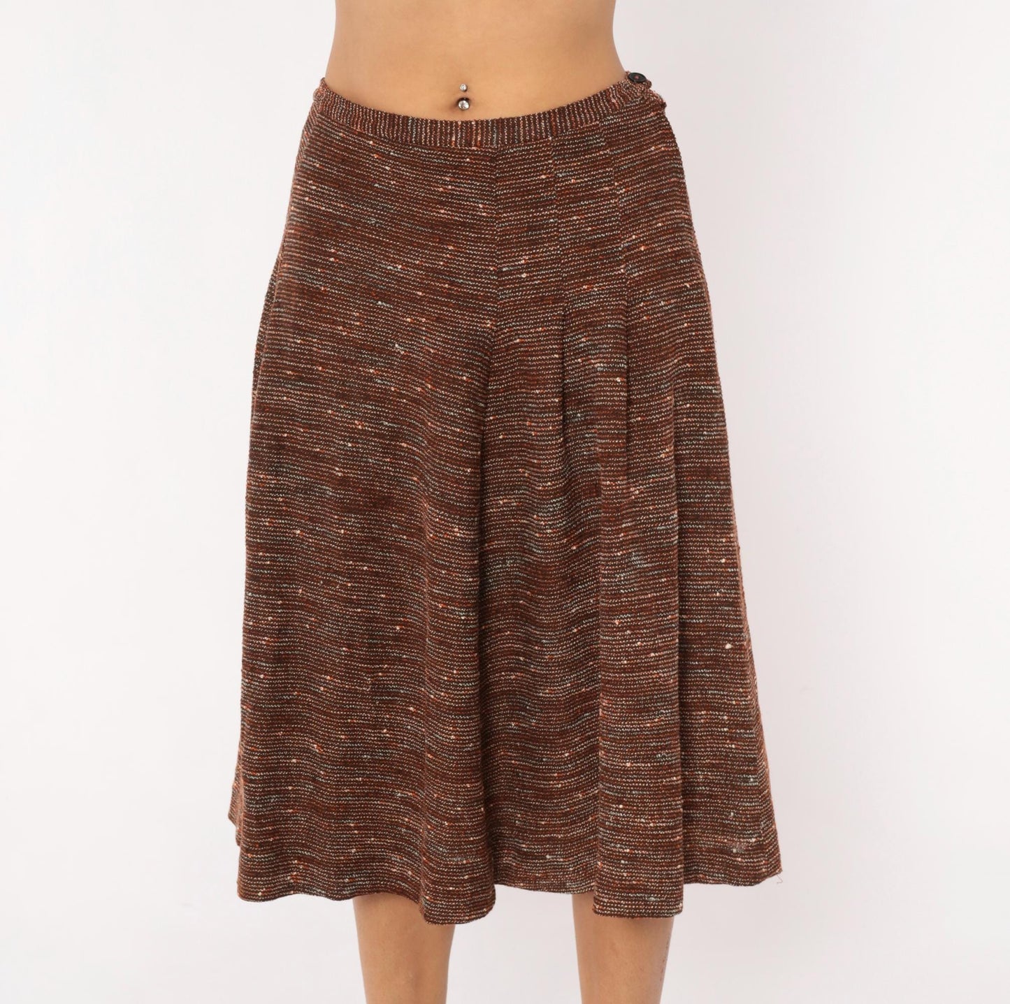 70s Brown Tweed Knit A-Line Midi Skirt Speckled Earth Tone Small