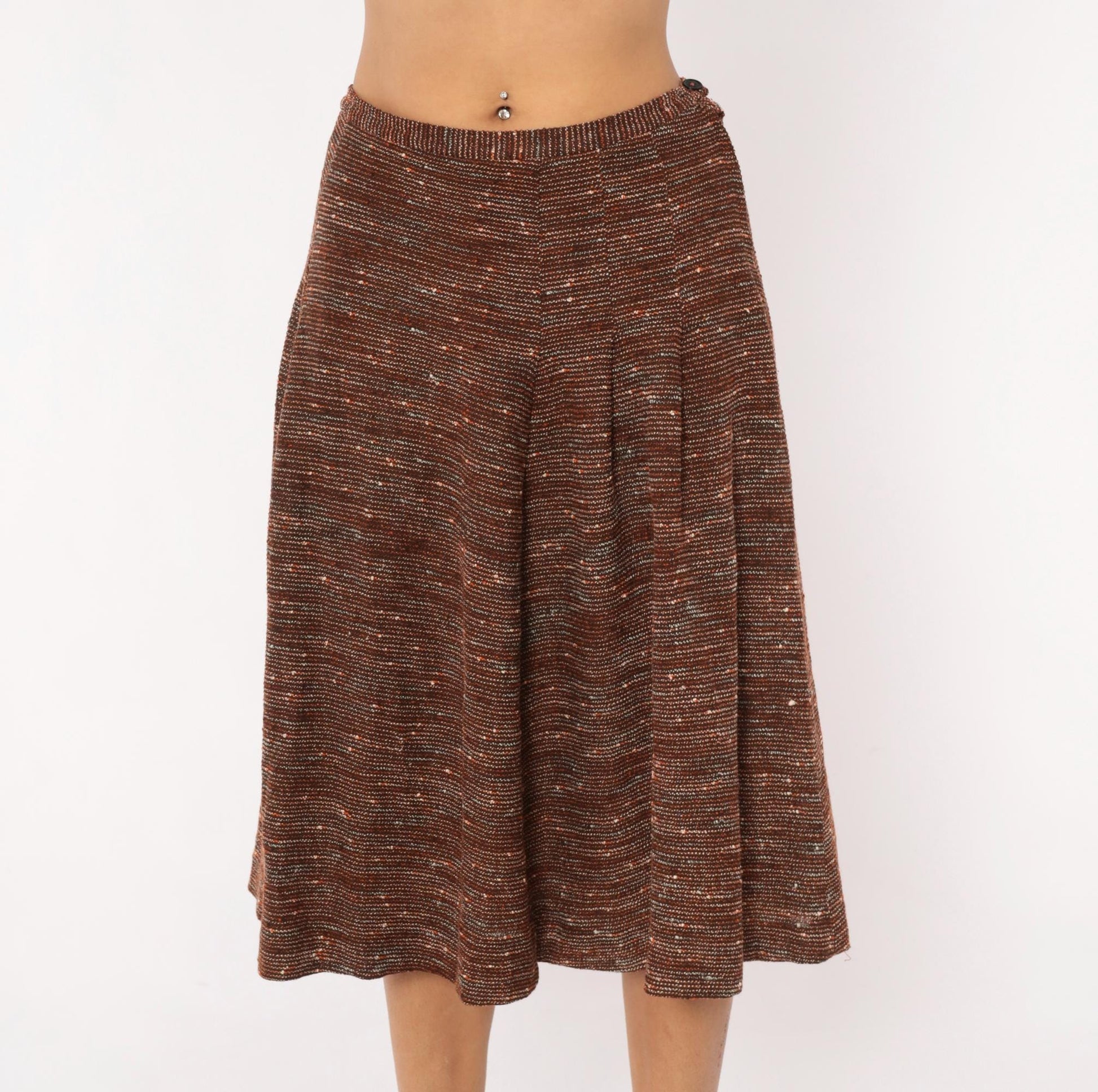 70s Brown Tweed Knit A-Line Midi Skirt Speckled Earth Tone Small