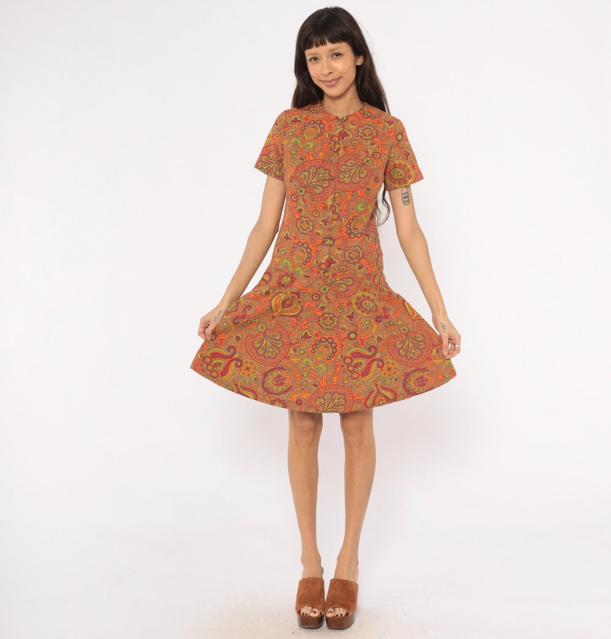 60s Junior West California Paisley Shift Dress Orange Cotton Small