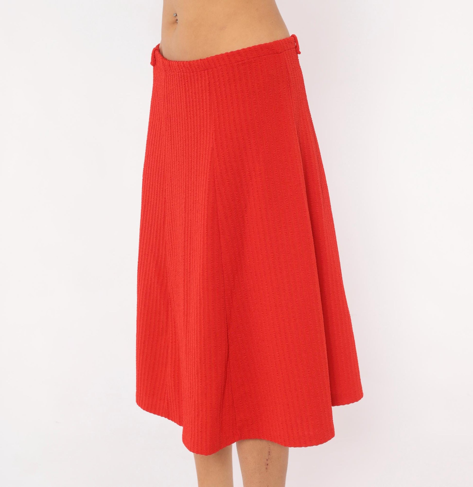 70s Ecco Bay Red A-Line Skirt Ribbed Pleated Knee-Length Large L