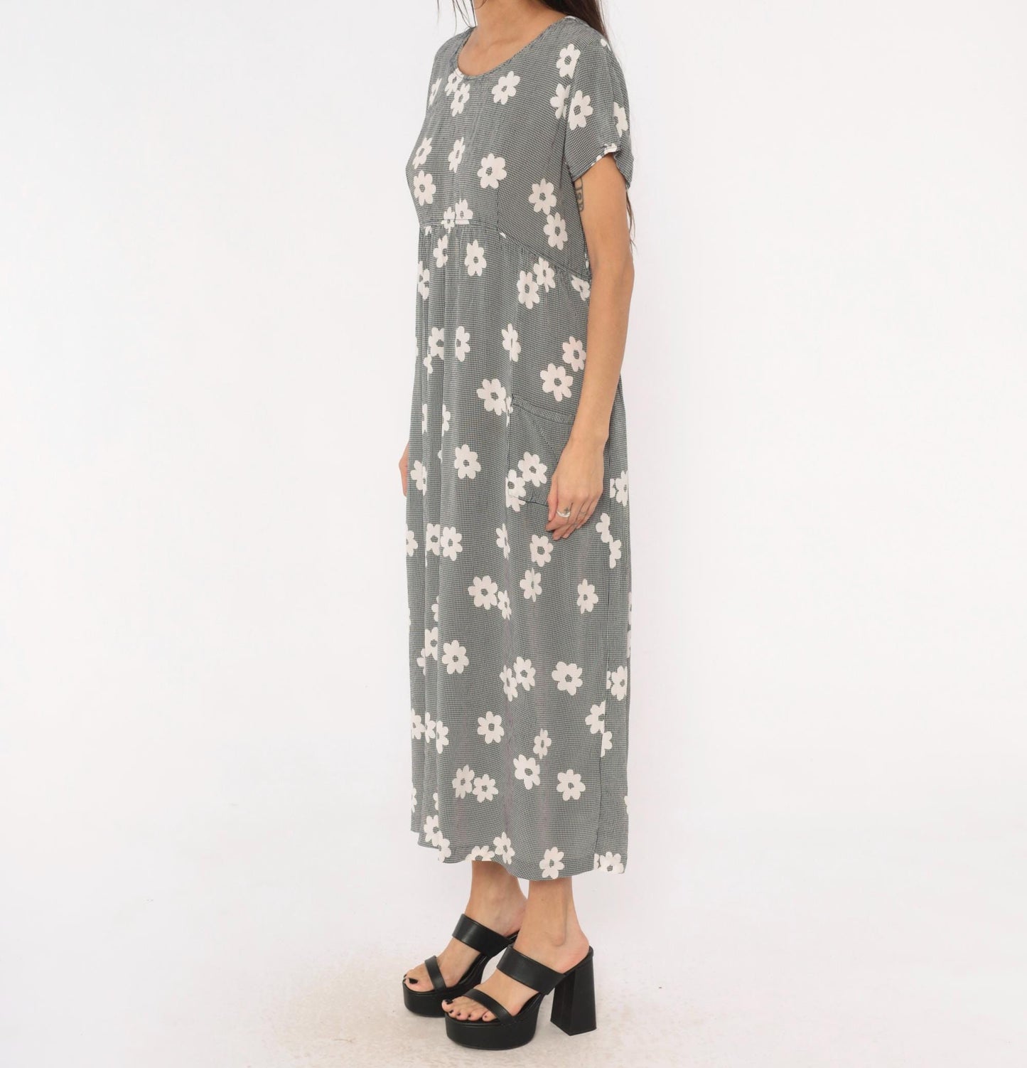 90s Navy Gingham Daisy Print Maxi Dress Drawstring Waist Medium M