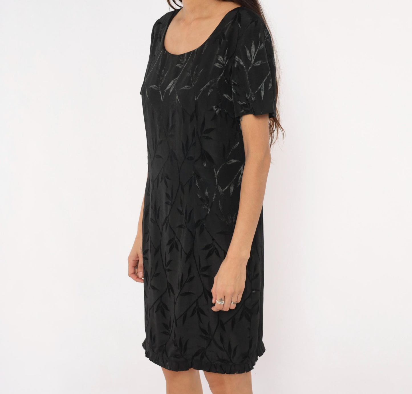 90s Giorgio Fiorlini Black Jacquard Leaf Shift Dress Scoop Neck Large L