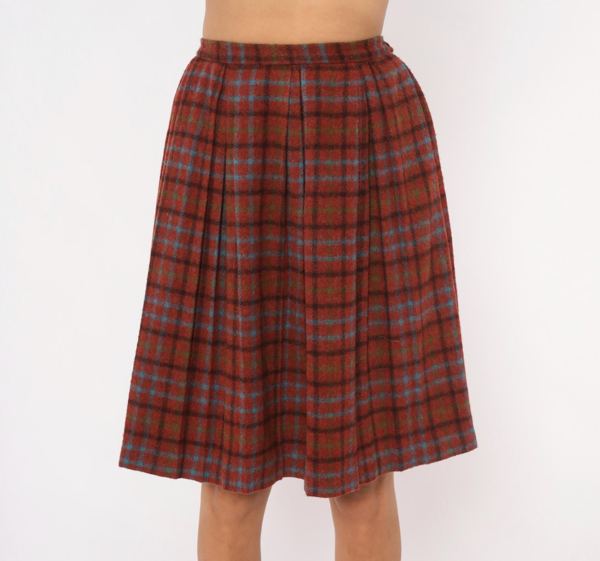 60s Mode O Day Wool Plaid Pleated Skirt Burgundy Tartan Knee-Length Extra Small XS