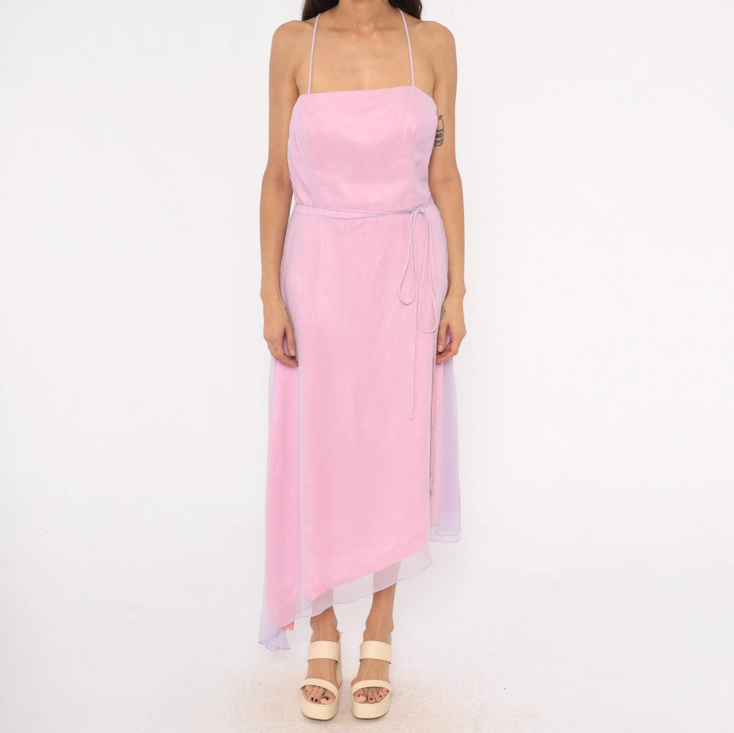 90s Jim Hjelm Lilac Pink Chiffon Maxi Gown Spaghetti Strap Criss Cross Back Medium M