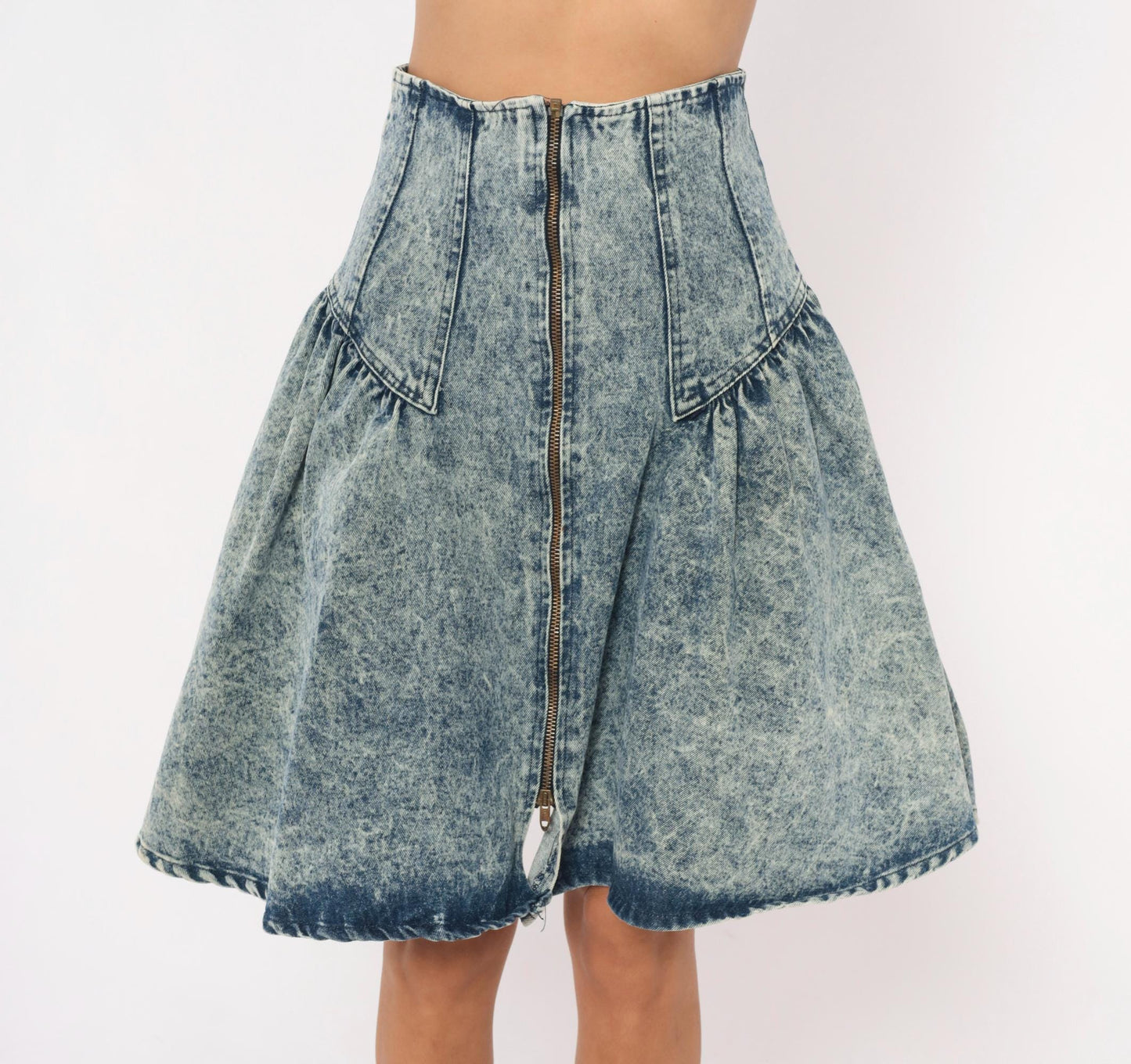 90s Weathered Blues Acid Wash Denim Skirt High Waist A-Line Small S
