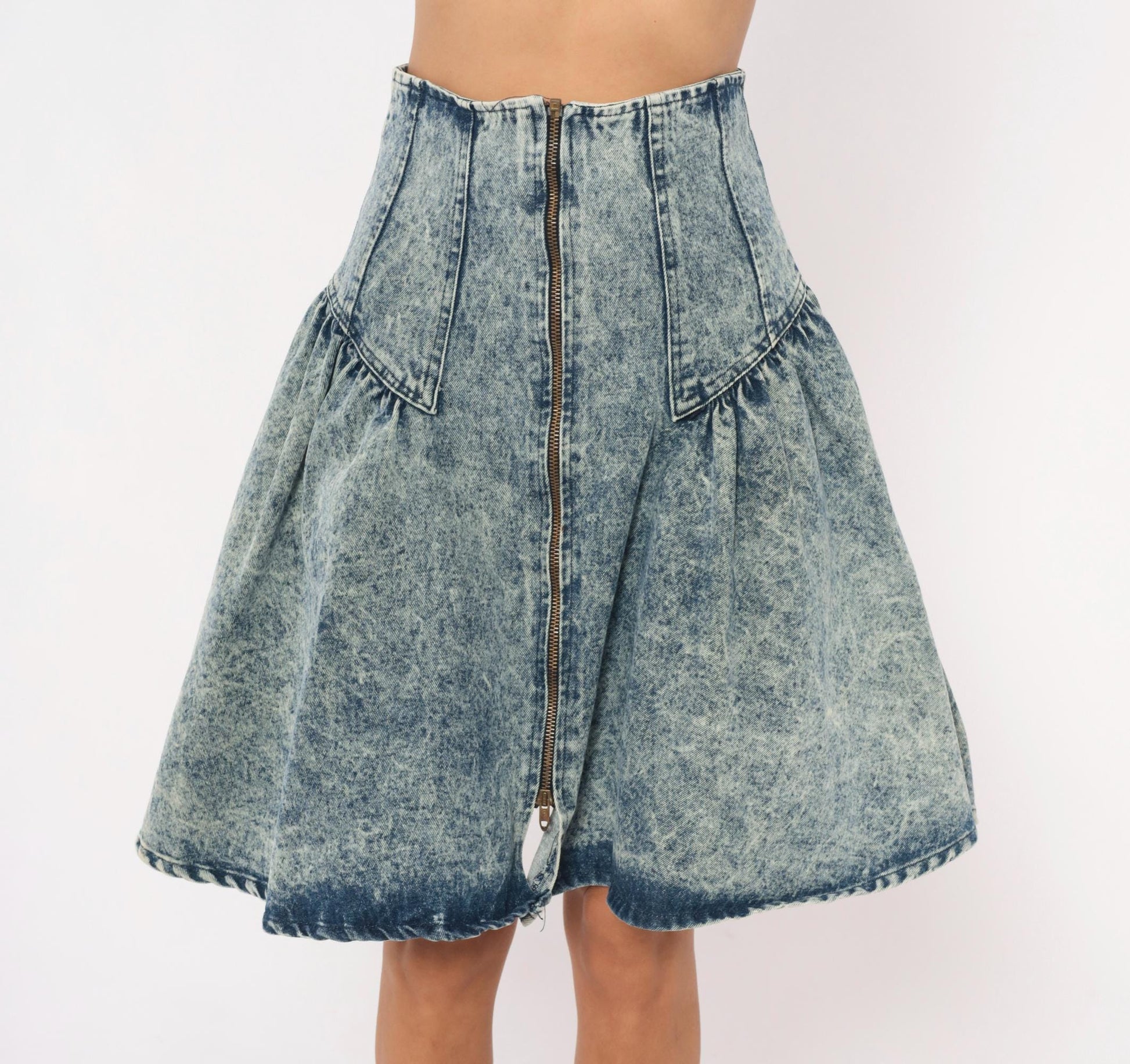 90s Weathered Blues Acid Wash Denim Skirt High Waist A-Line Small S