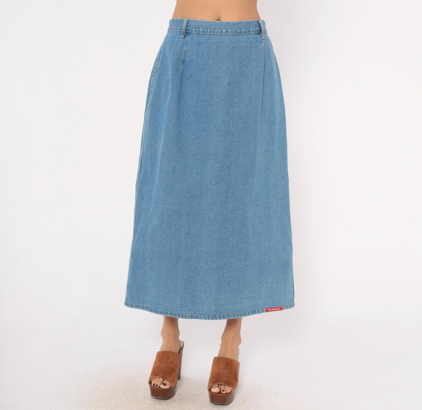 90s No Excuses Denim Maxi Skirt Light Blue A-Line High Waist Cotton Large L