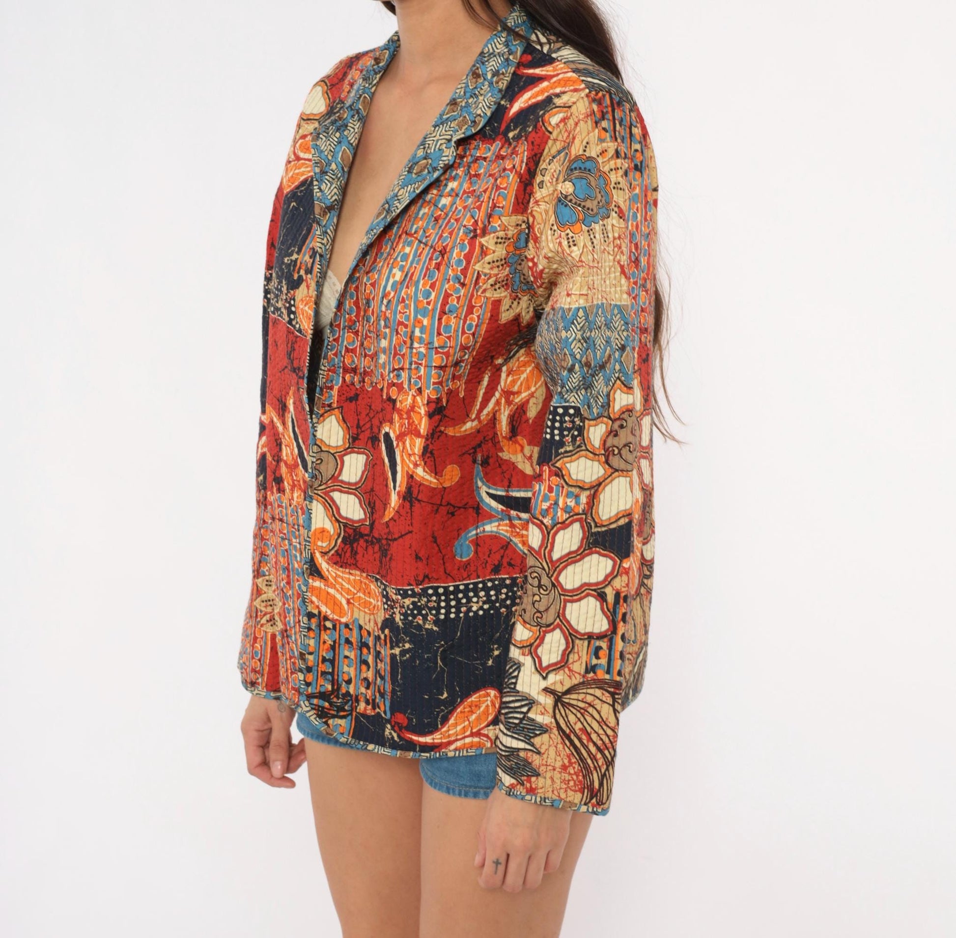 2000s Alfred Dunner Batik Patchwork Quilted Blazer Navy Red Orange Small