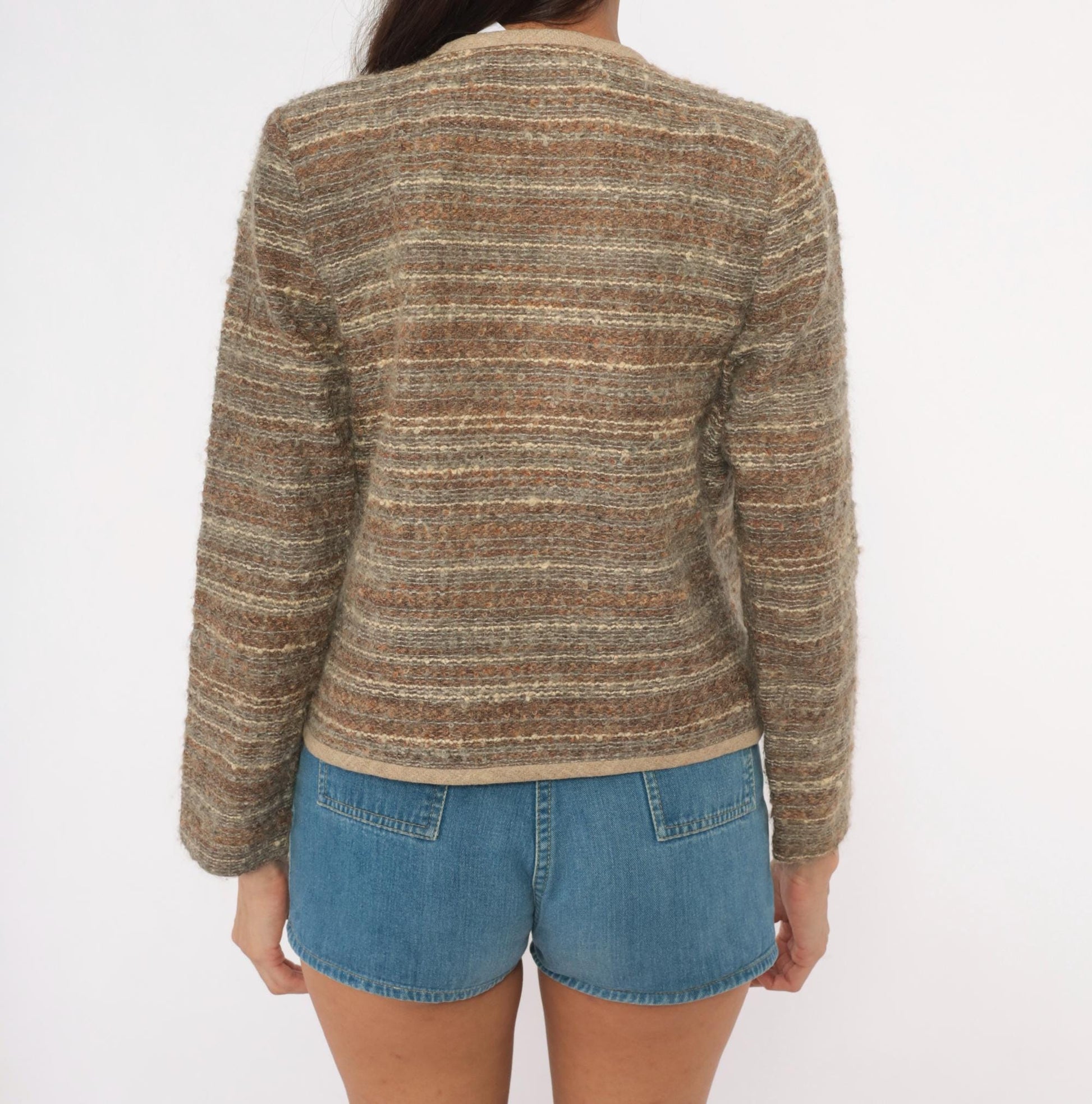 90s DW3 Bouclé Cardigan Tan Brown Cream Striped Wool Blend Cropped Small