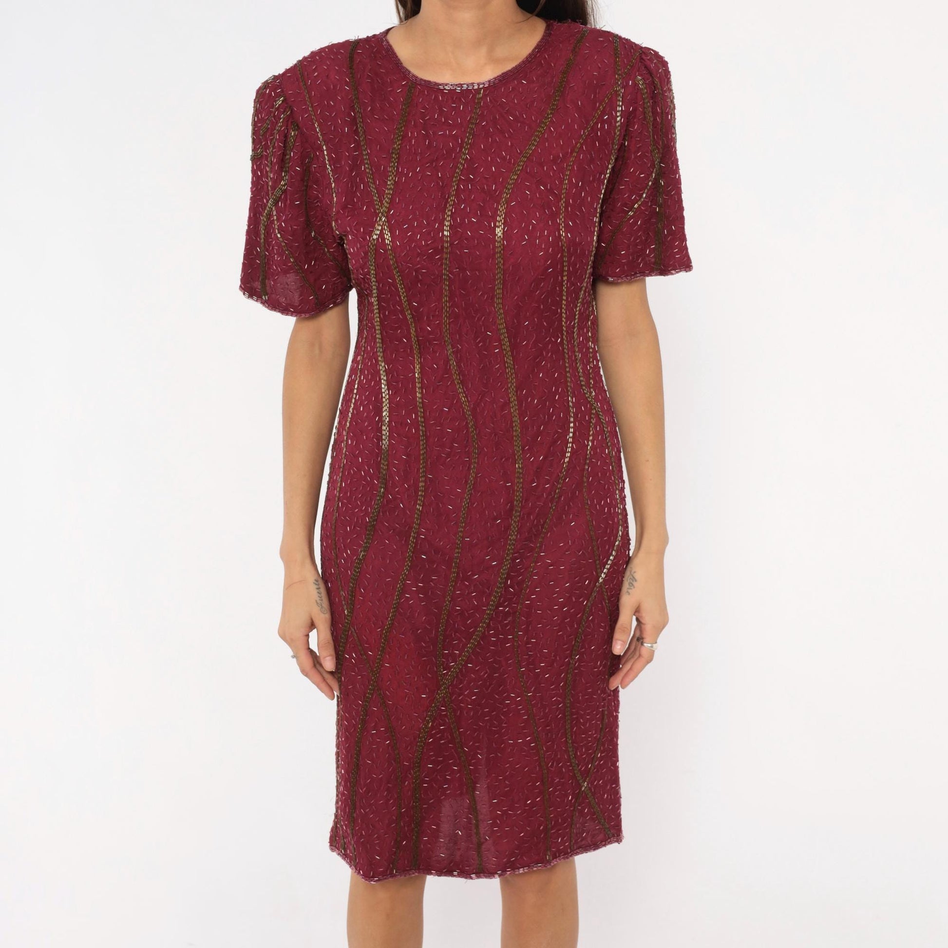 80s Sweelo Burgundy Beaded Dress Gold Bugle Bead Stripes Knee-Length Medium