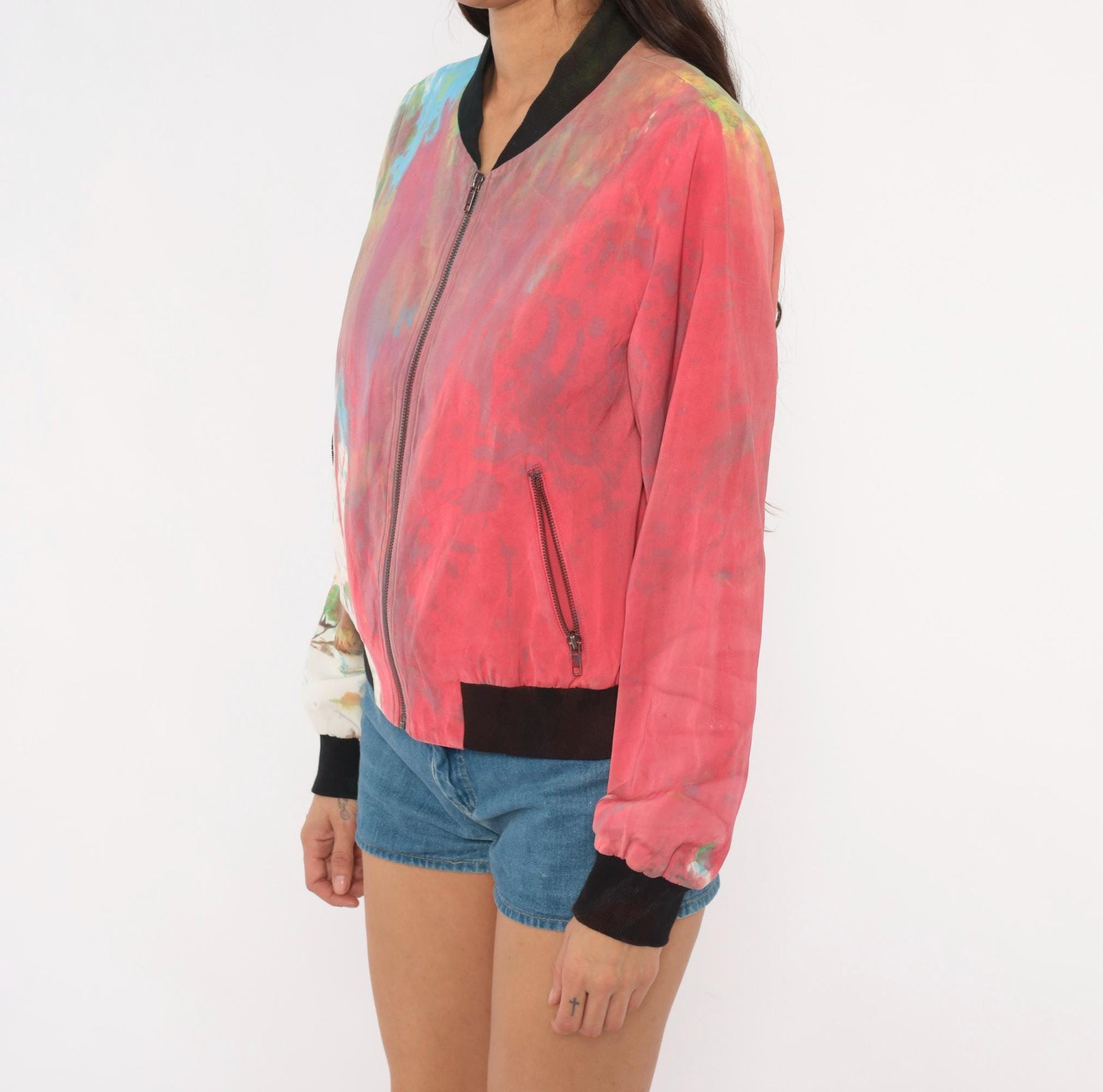 2000s Mural Paint Splatter Bomber Jacket Multicolor Abstract Zip Front Medium