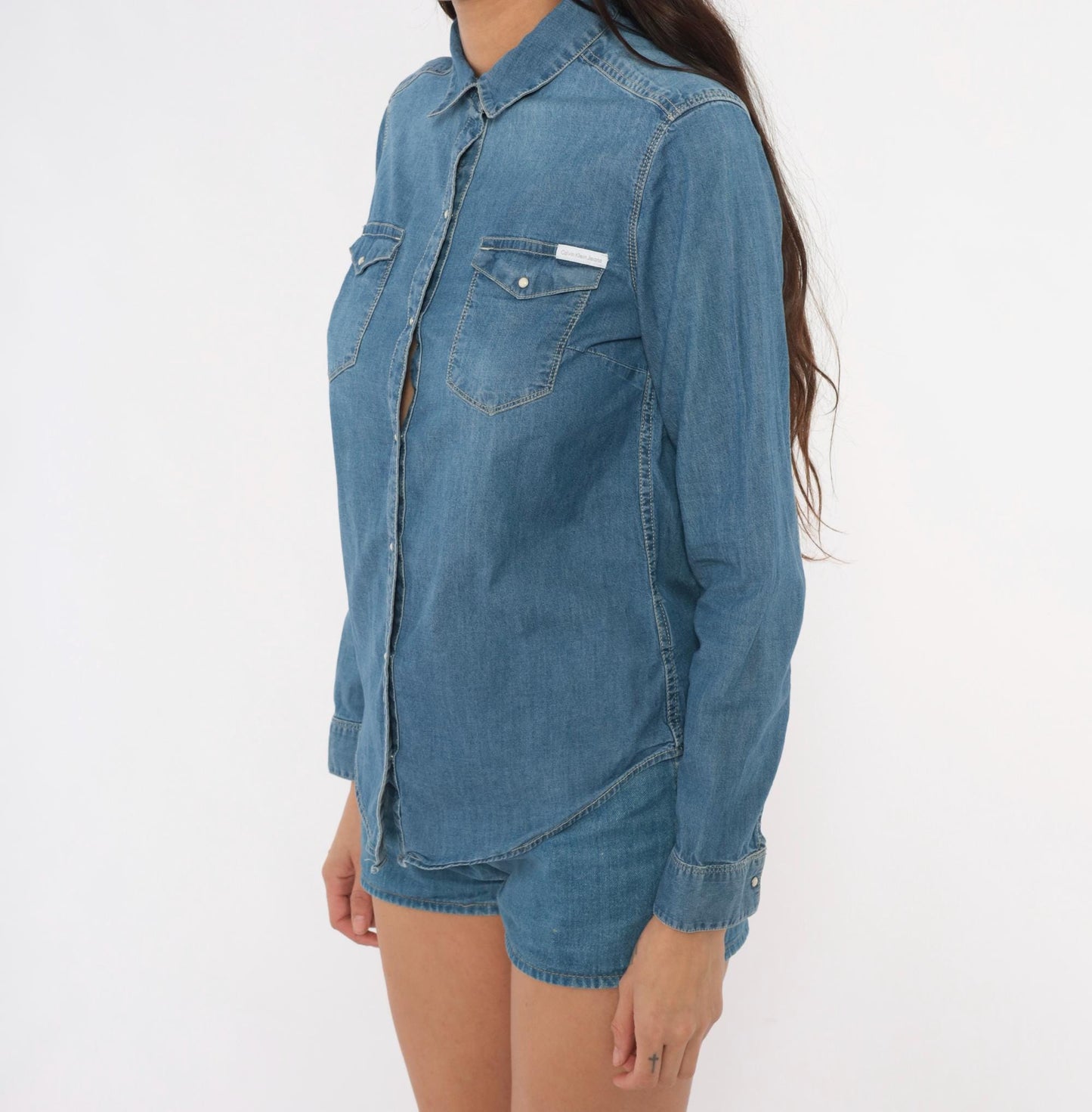 Calvin Klein Jeans Denim Shirt Western Snap Button Blue Chambray Small S