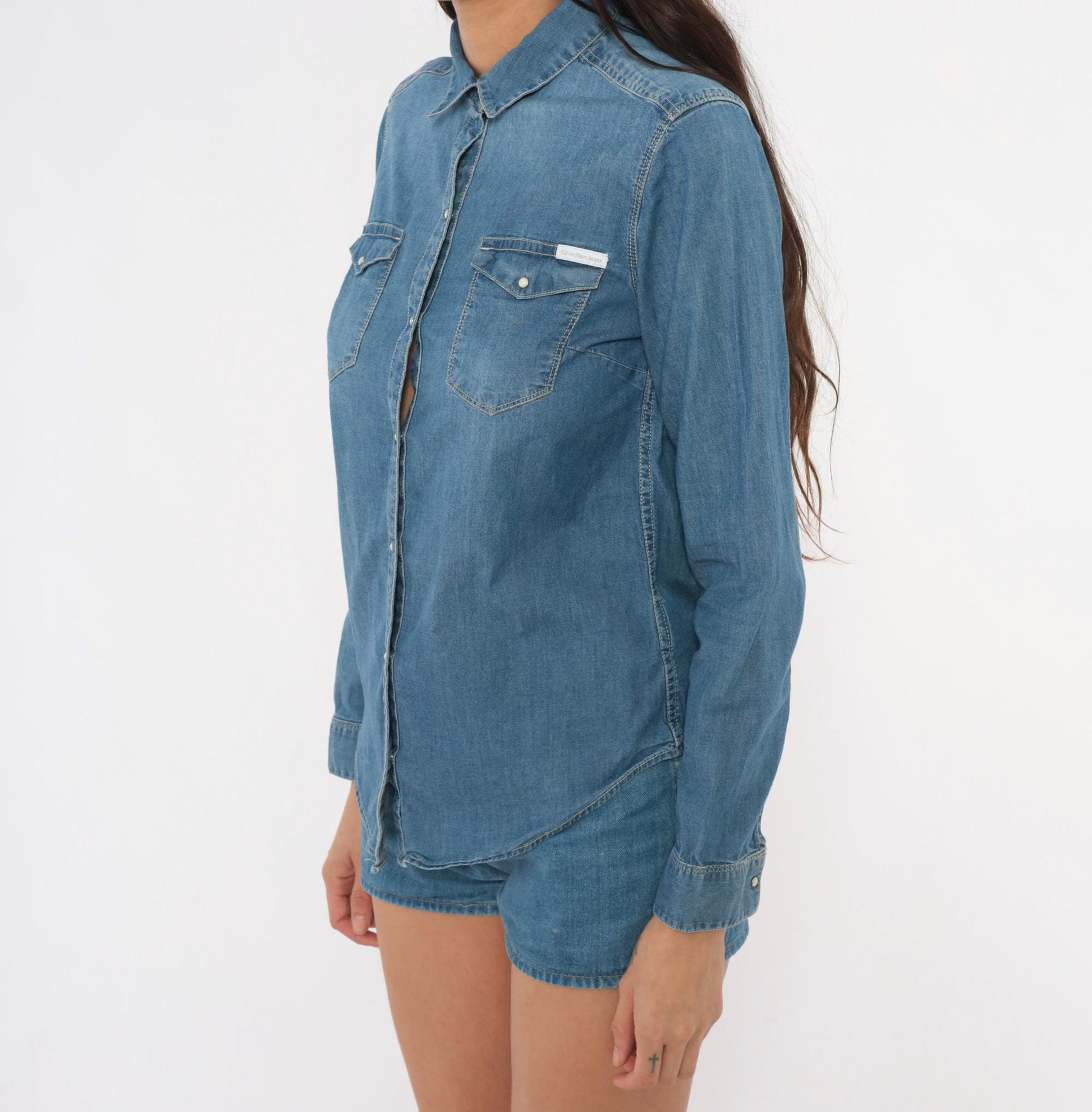 Calvin Klein Jeans Denim Shirt Western Snap Button Blue Chambray Small S