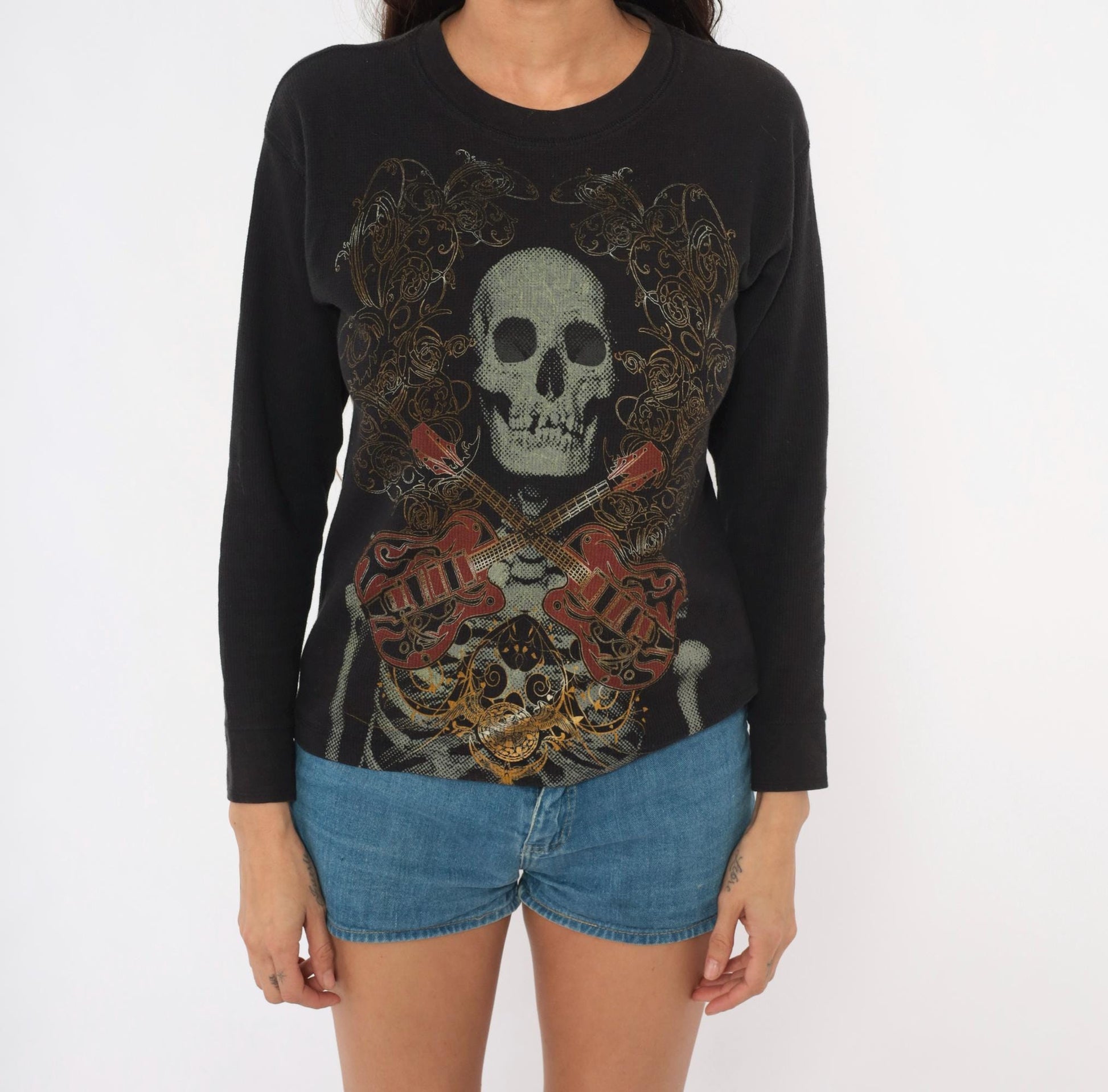 Y2K Skull Crossbones Guitar Long Sleeve Thermal Top Black Medium M