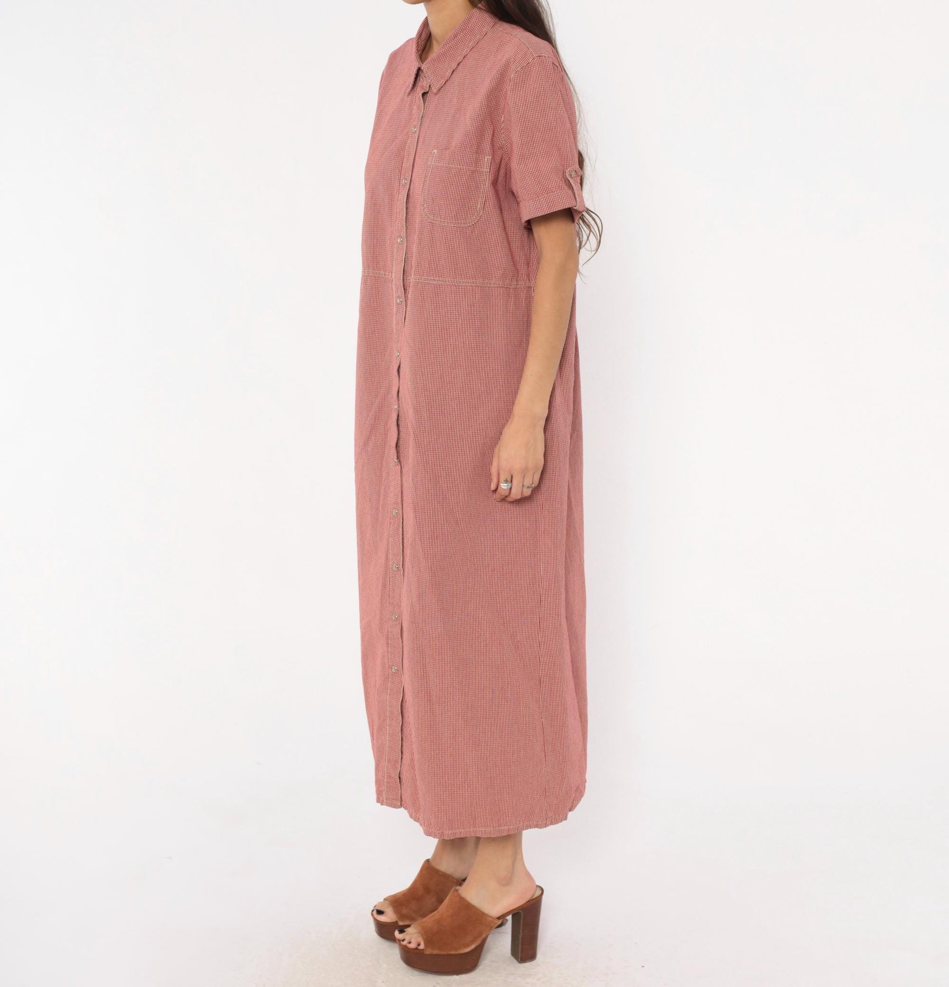 90s White Stag Gingham Shirtdress Red Cream Check Cotton Maxi Extra Large