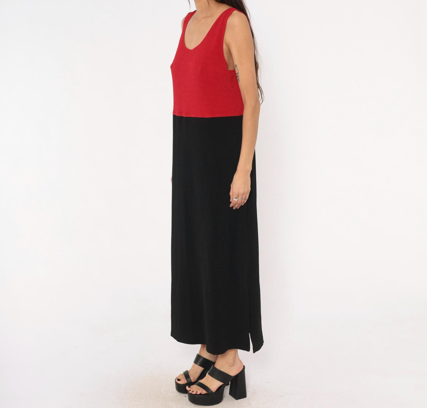 90s Positive Attitude Color Block Maxi Dress Red Black Sleeveless Large L