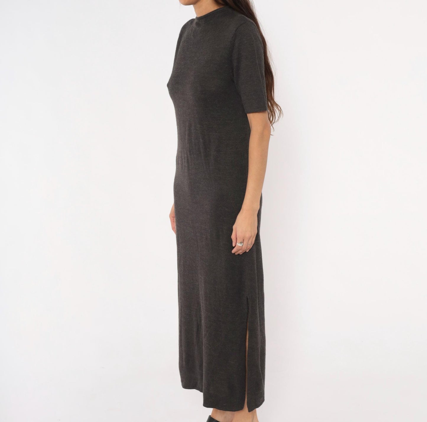 Y2K Nina Leonard Charcoal Knit Maxi Dress Short Sleeve Column Grey Small Petite