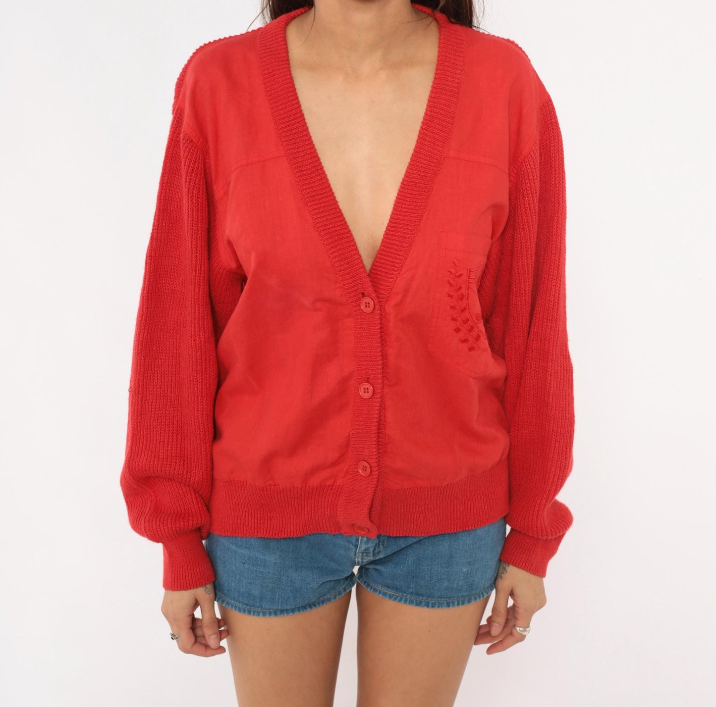 90s Shartex Red Cardigan V-Neck Button Front Knit Embroidered Crest Large L