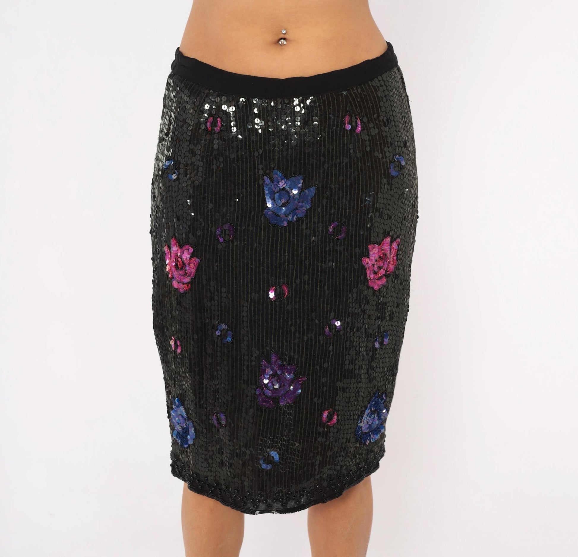 1980s Black Silk Sequin Pencil Skirt Floral Beaded Rose Medium M