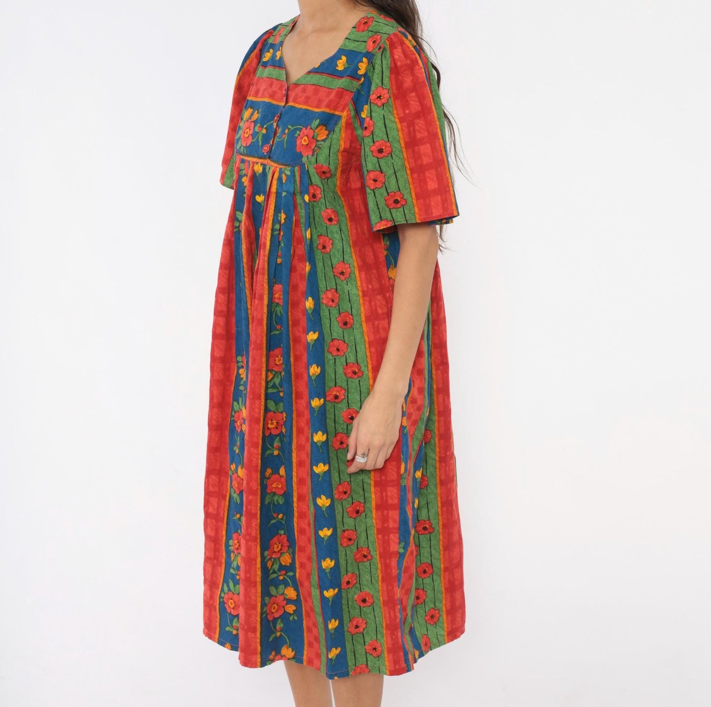 90s Floral Striped Cotton Empire Waist Dress Puff Sleeve Red Blue Green Medium