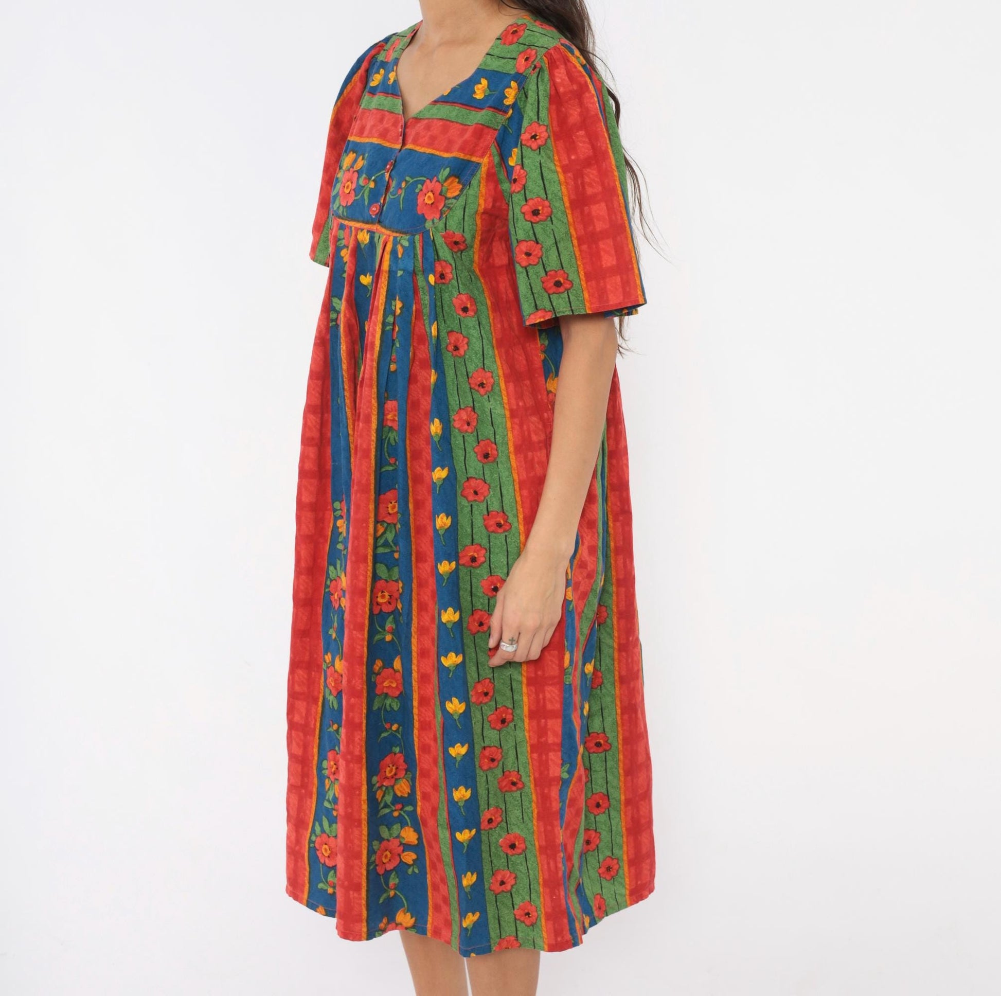 90s Floral Striped Cotton Empire Waist Dress Puff Sleeve Red Blue Green Medium
